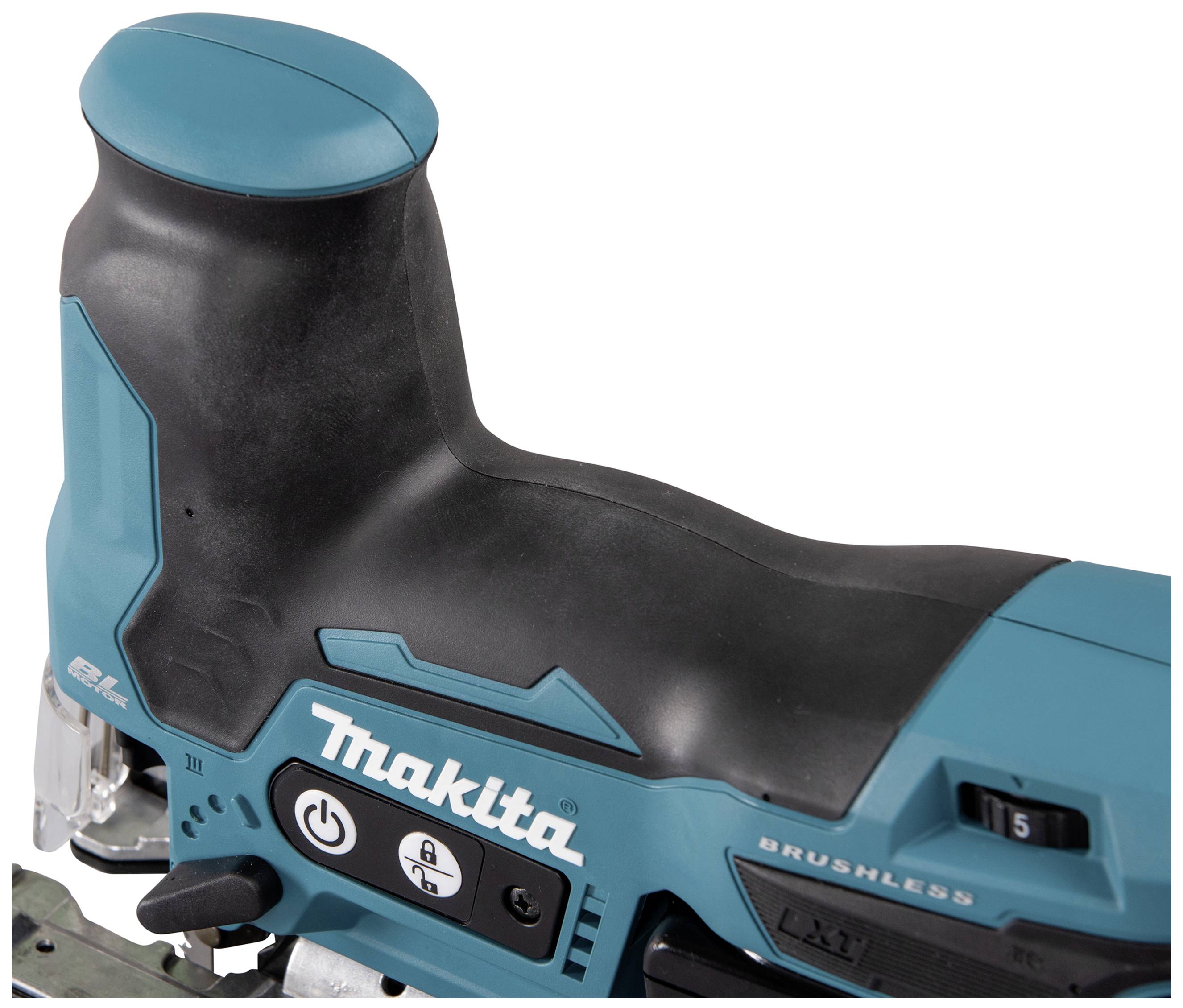 Electric power tool by Makita, shown in close-up, with blue and black construction. 'Makita' lettering in focus.