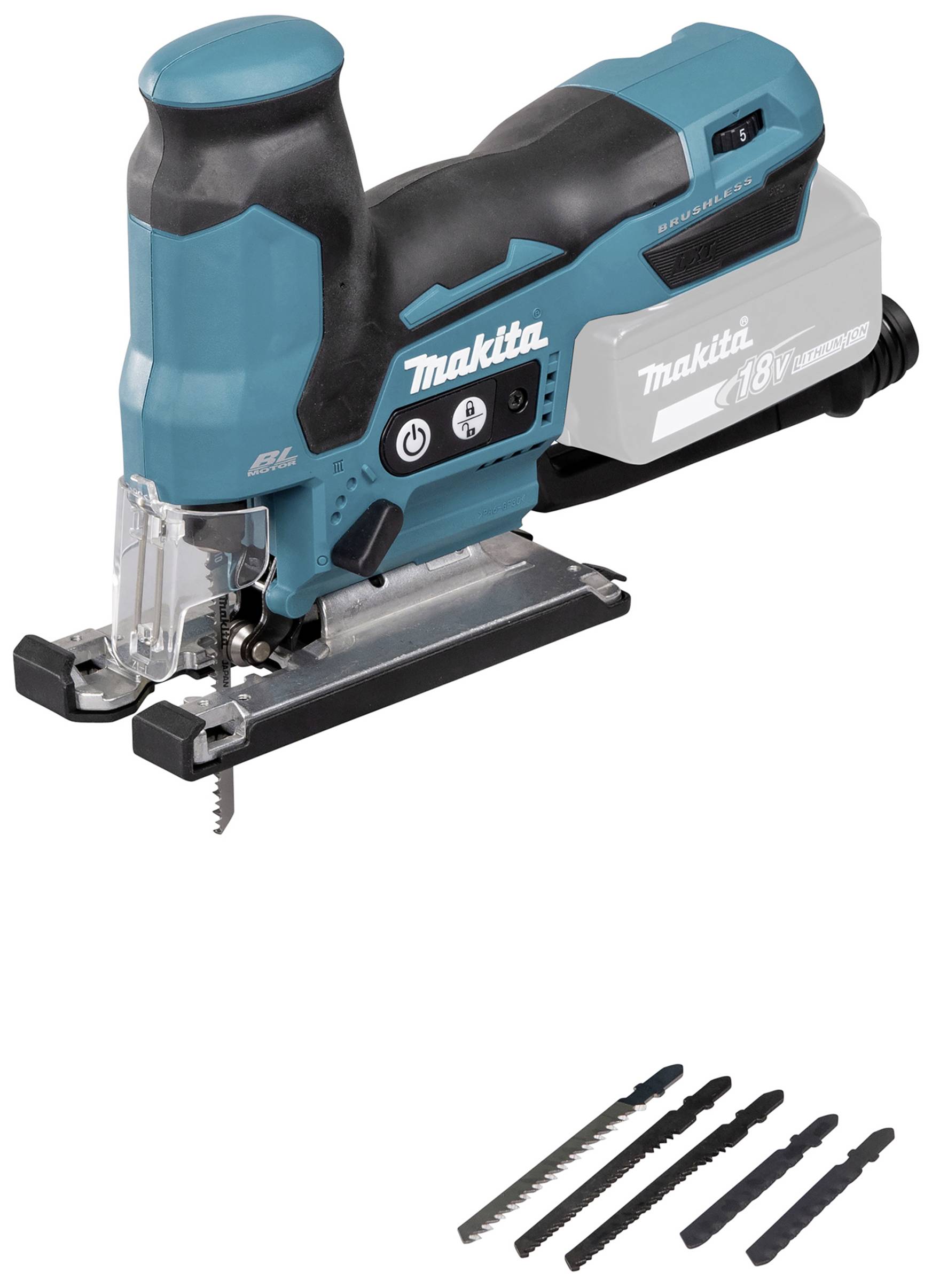 A blue electric jigsaw with multiple blades. The saw has a handle and displays the logo of a well-known tool brand.
