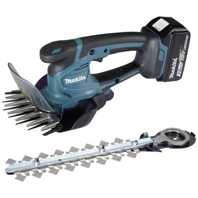 Cordless Makita Hedge Trimmer with 18V Battery, blue-black, including removable blade attachment, for cutting hedges and shrubs.