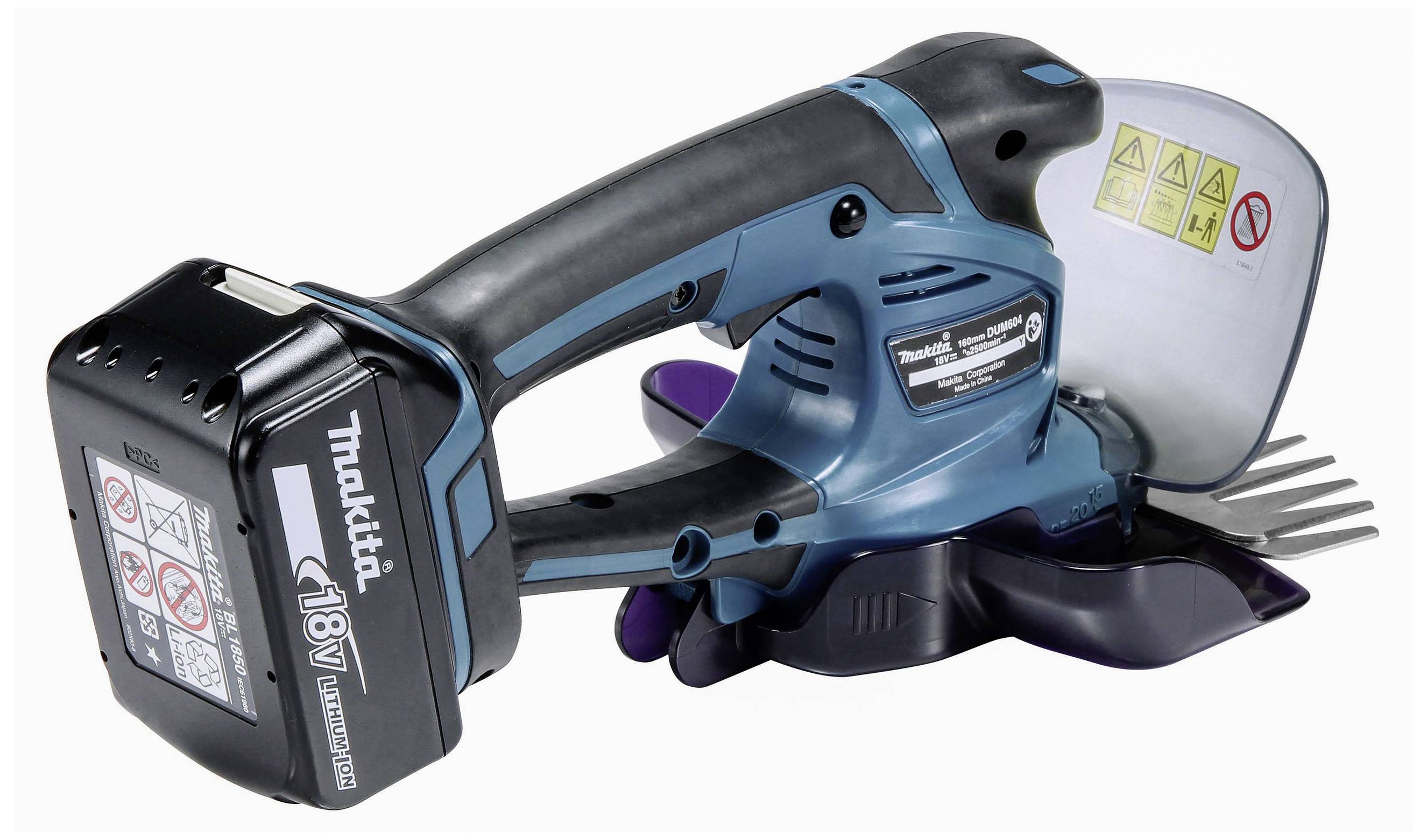 Cordless Battery Grass Shears in Black-Blue, 18V. Brand logo and safety instructions clearly visible.