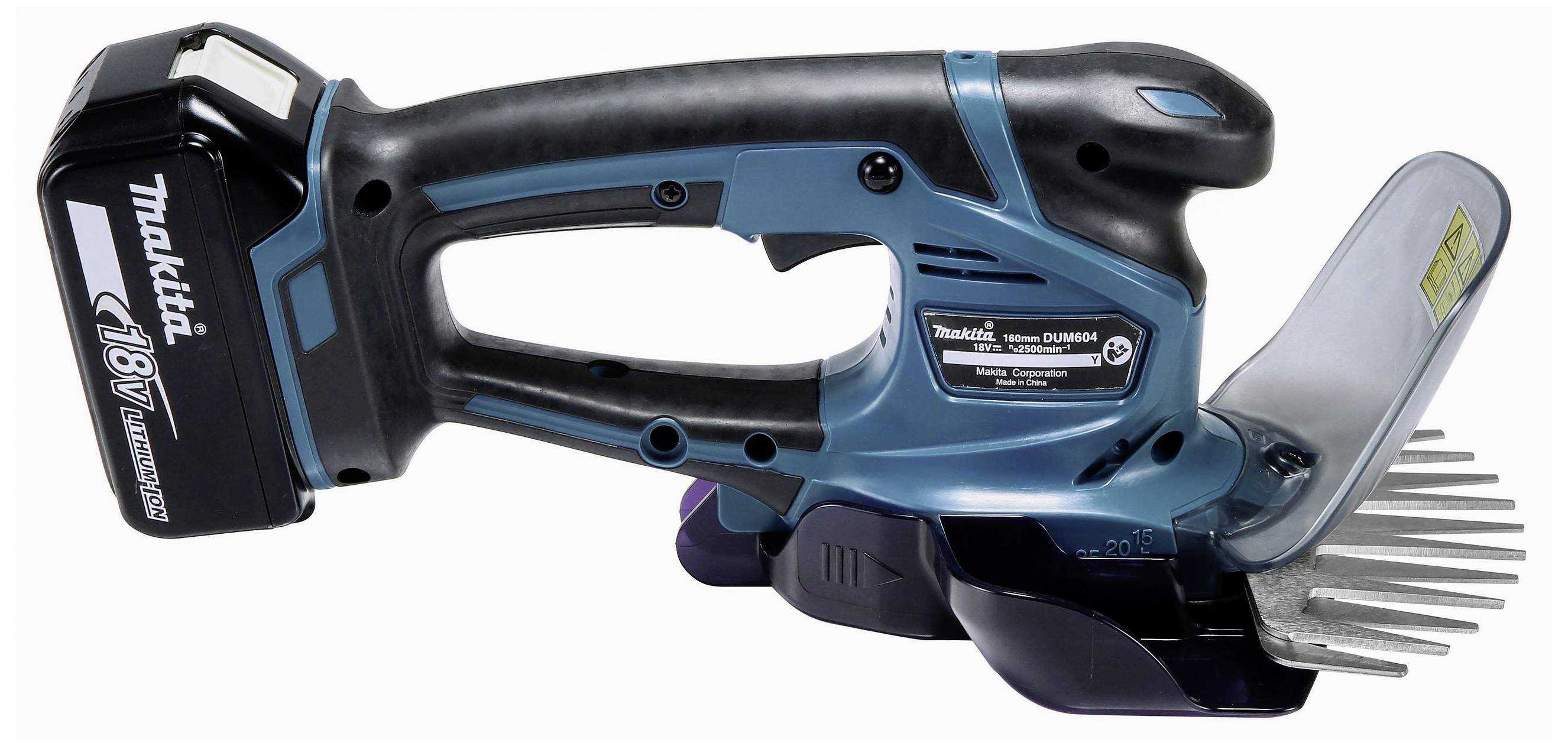 Cordless Grass Shears with 18V Battery, blue body, black handles, silver blades. Designed for trimming grass and bushes.