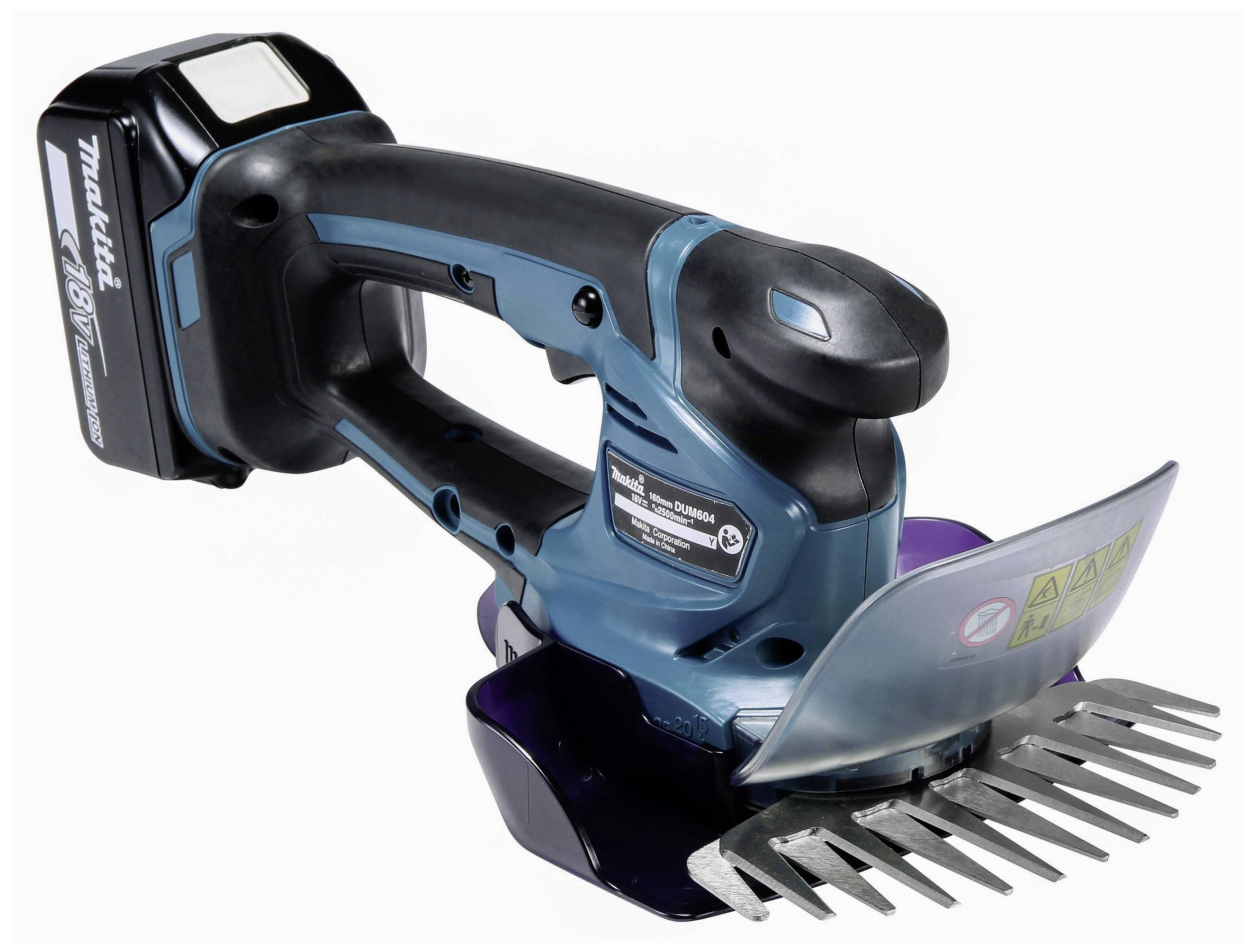 A black and blue, battery-powered lawn trimmer with blades and an ergonomic handle, showcasing product design and brand logo.