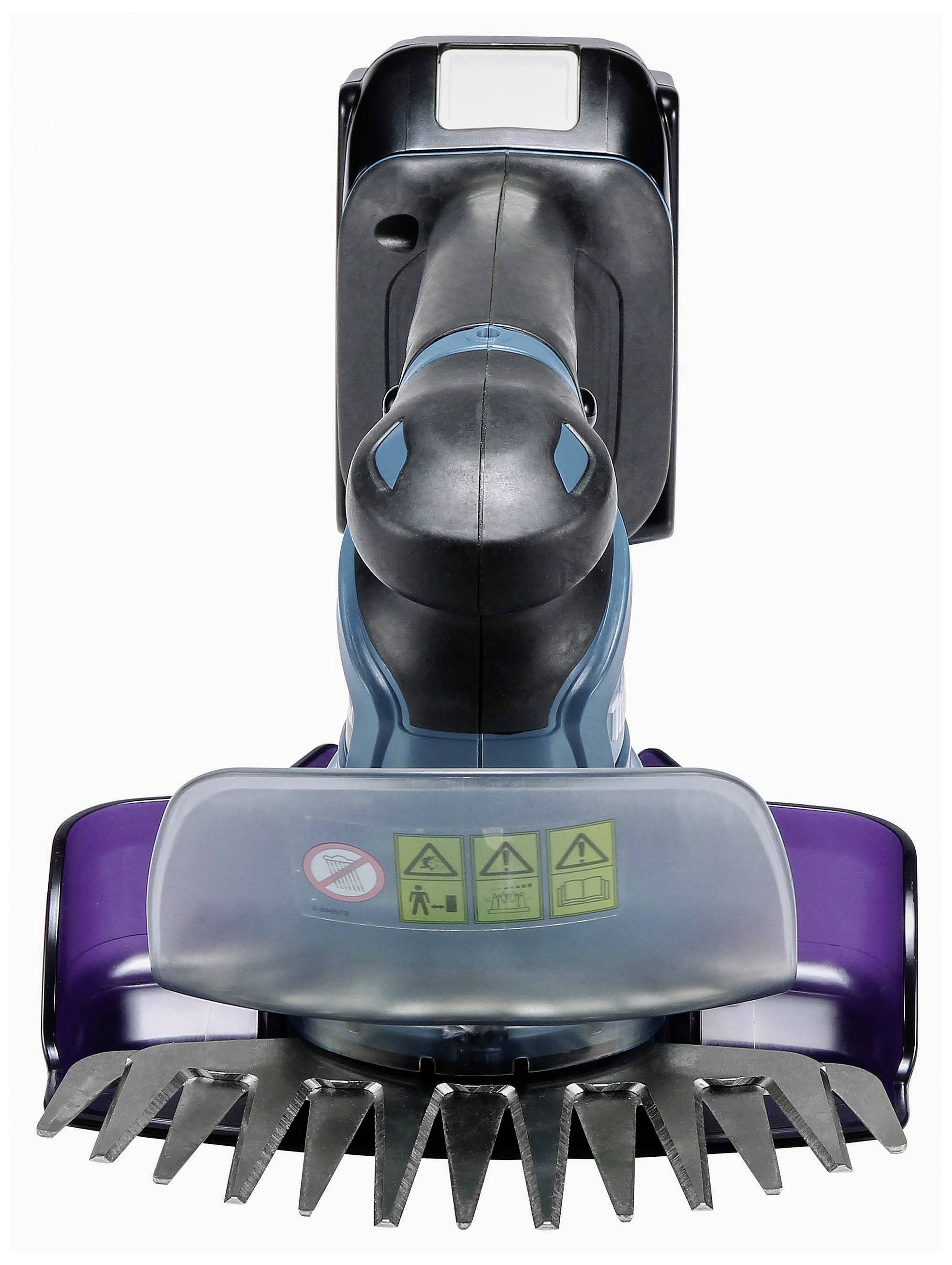 Electric handheld device for maintaining lawns or hedges with protective cover and warning labels.