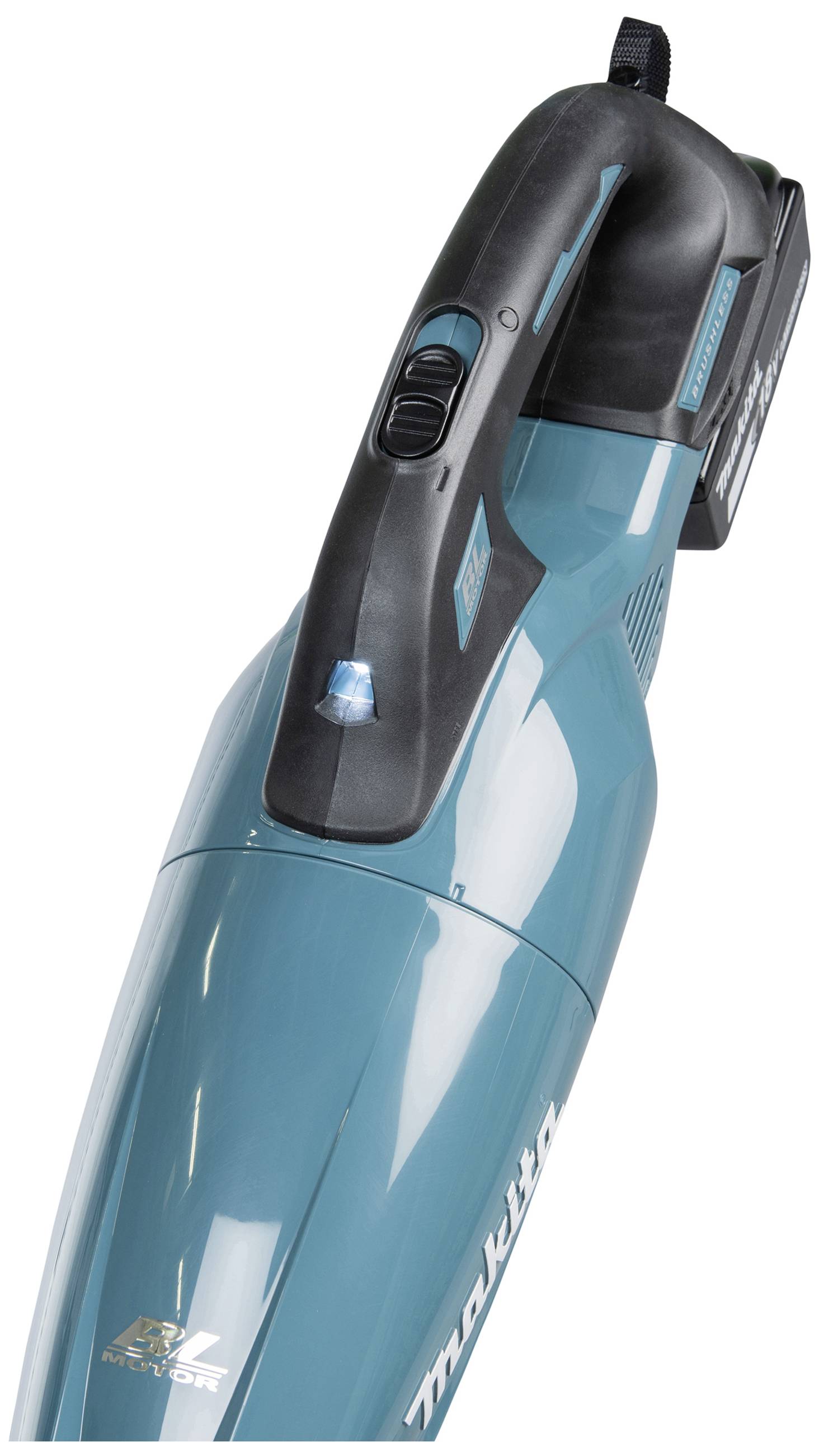 A cordless, blue vacuum cleaner with an ergonomic handle and built-in LED display for floor cleaning.