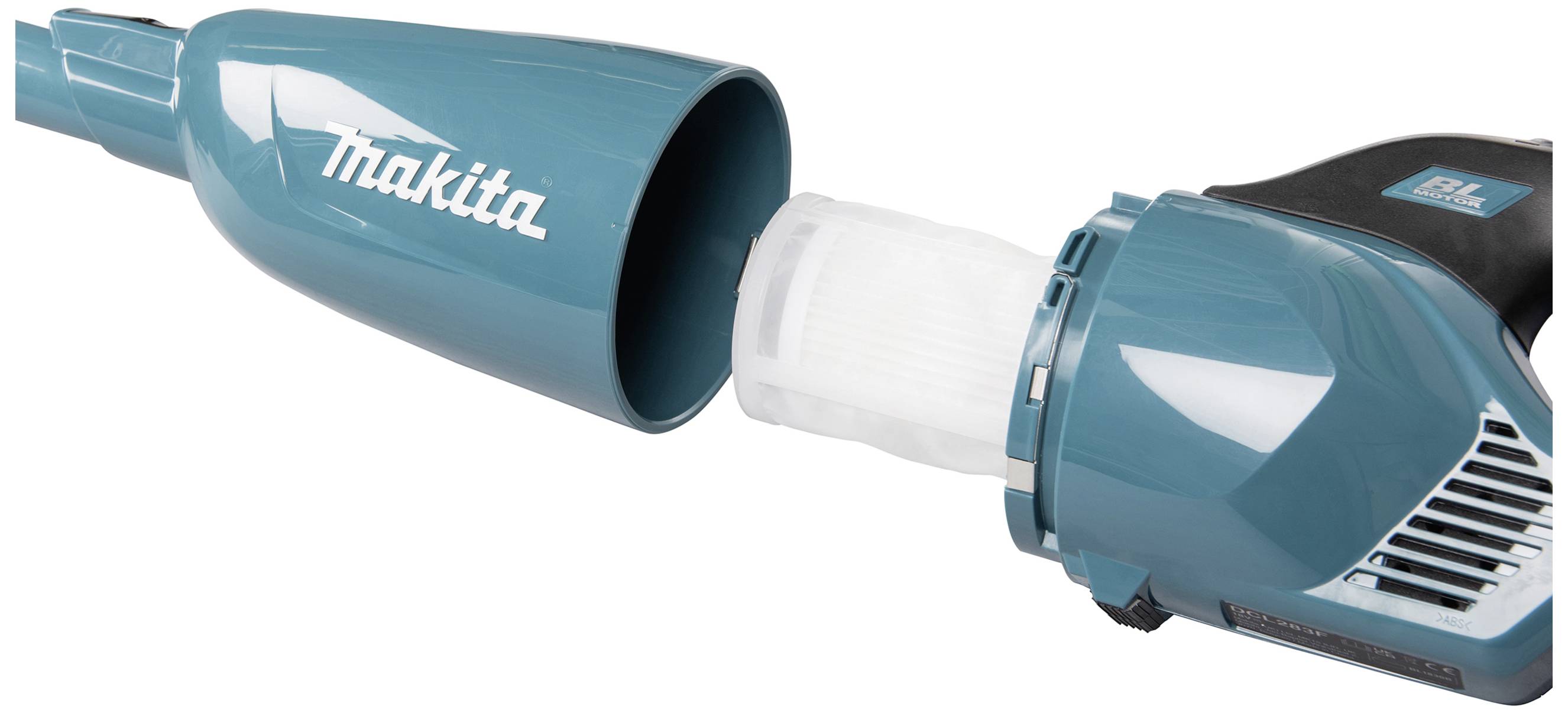 A turquoise Makita handheld vacuum cleaner is partially opened to reveal the removable filter.