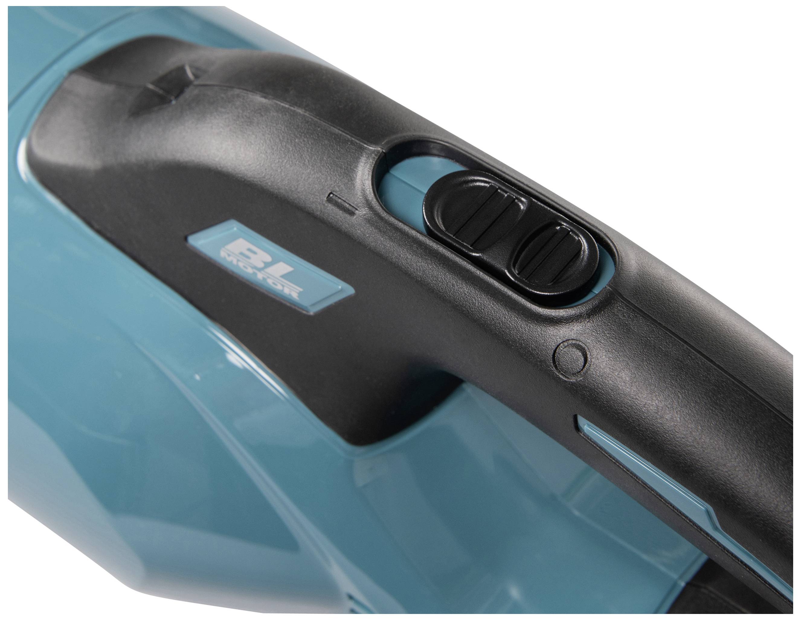 A cordless vacuum cleaner with a blue-black casing and control buttons on the top surface for adjusting suction power.