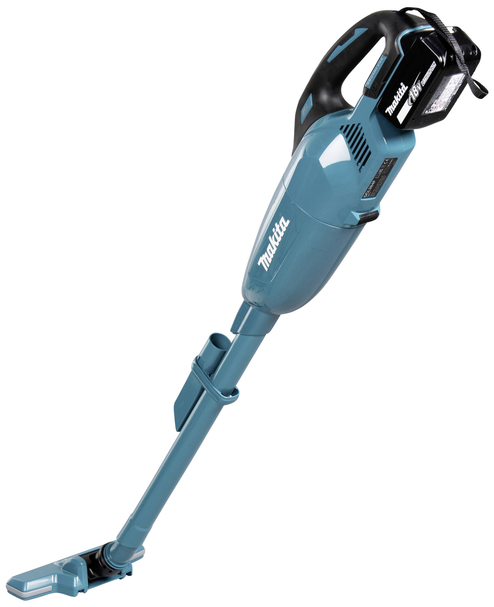 Cordless, blue handheld vacuum cleaner with a long handle and black grip area. Battery-powered; 'Makita' brand name visible.