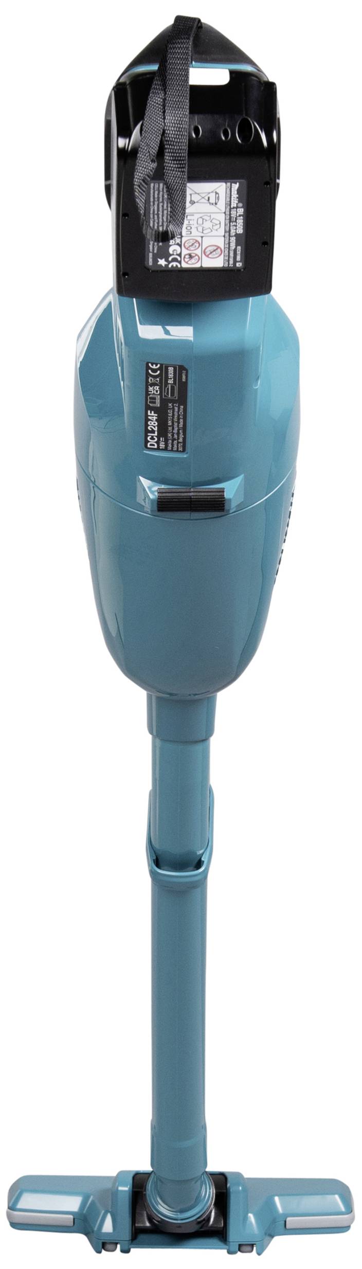 A blue, cordless stick vacuum cleaner stands upright. A handle with a carrying strap is located at the top. Suitable for carpets and hard floors.