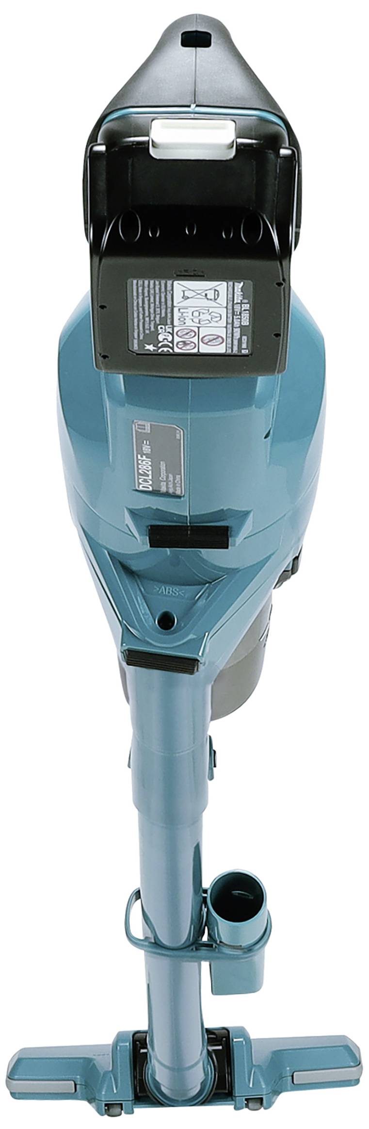 Teal, cordless vacuum cleaner viewed from above, with black handle and floor nozzle.