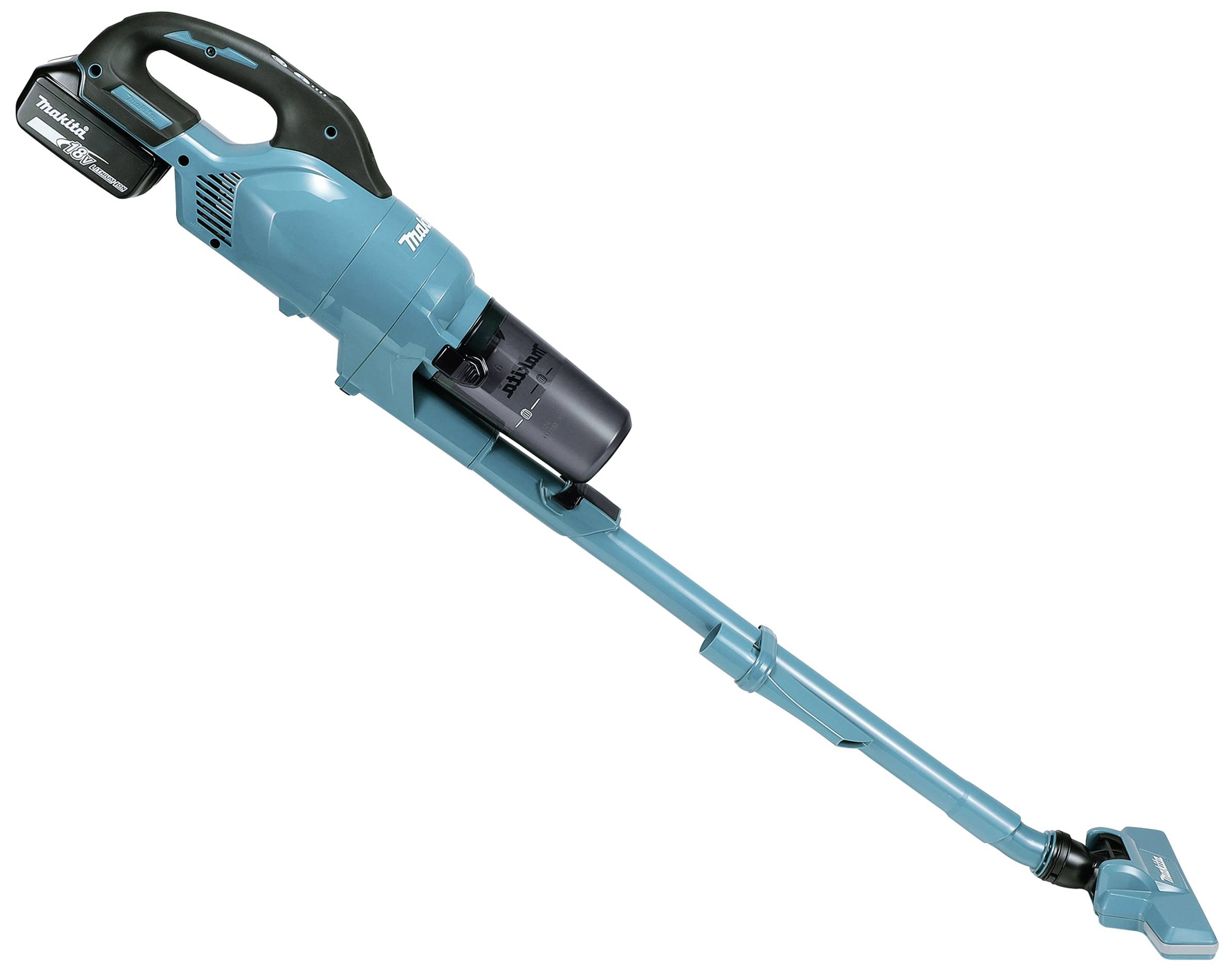 A cordless, blue vacuum cleaner with a long suction tube, suitable for floor cleaning, with a black handle and a battery.