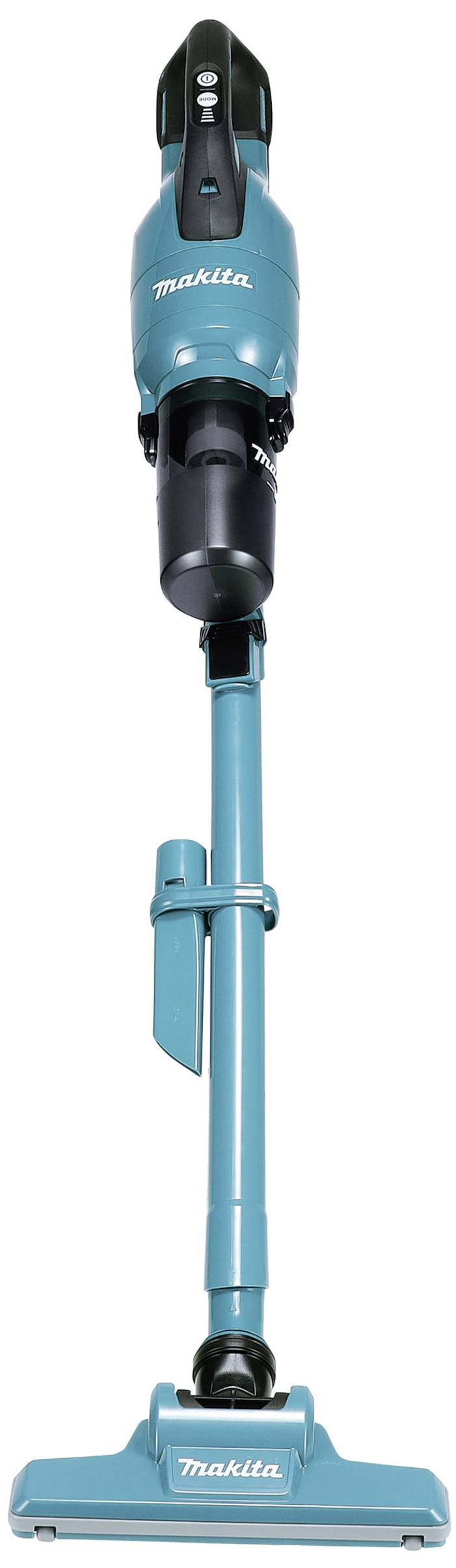 A cordless, turquoise Makita vacuum cleaner in an upright position, suitable for floor cleaning.