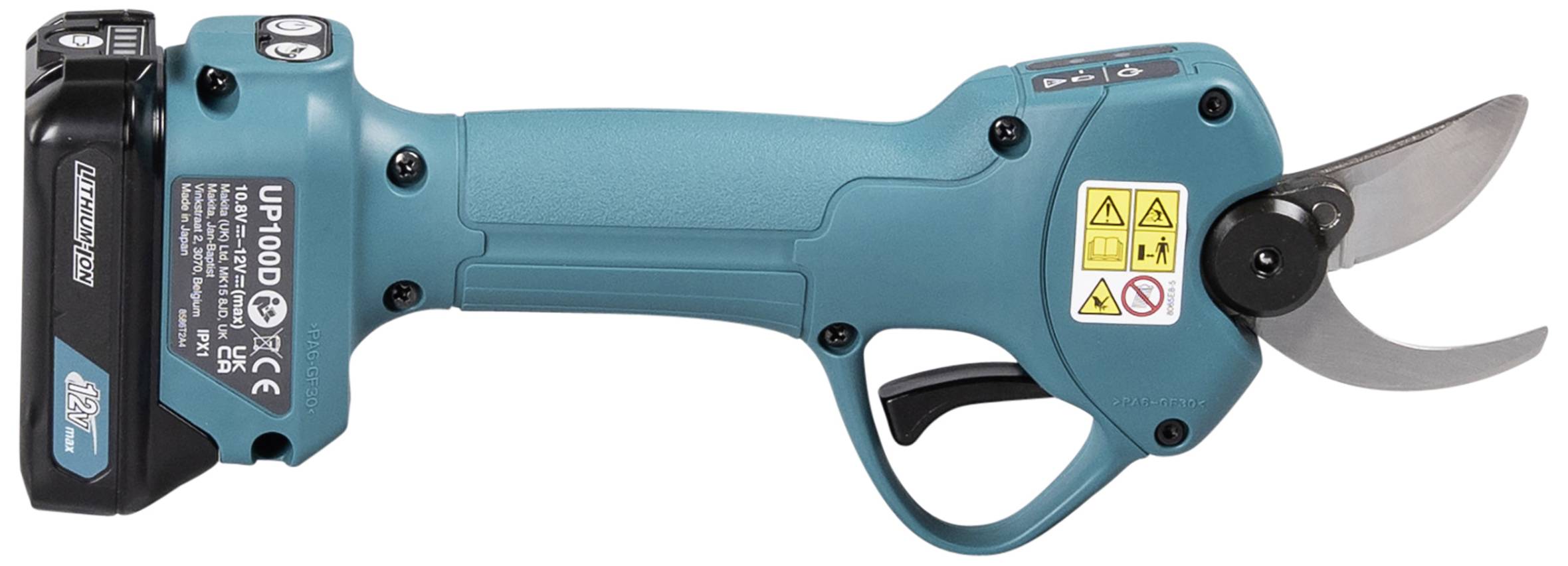 Electric Pruning Shears in Blue with Black Handle and Release Button. Safety instructions on the side. Battery is visible.