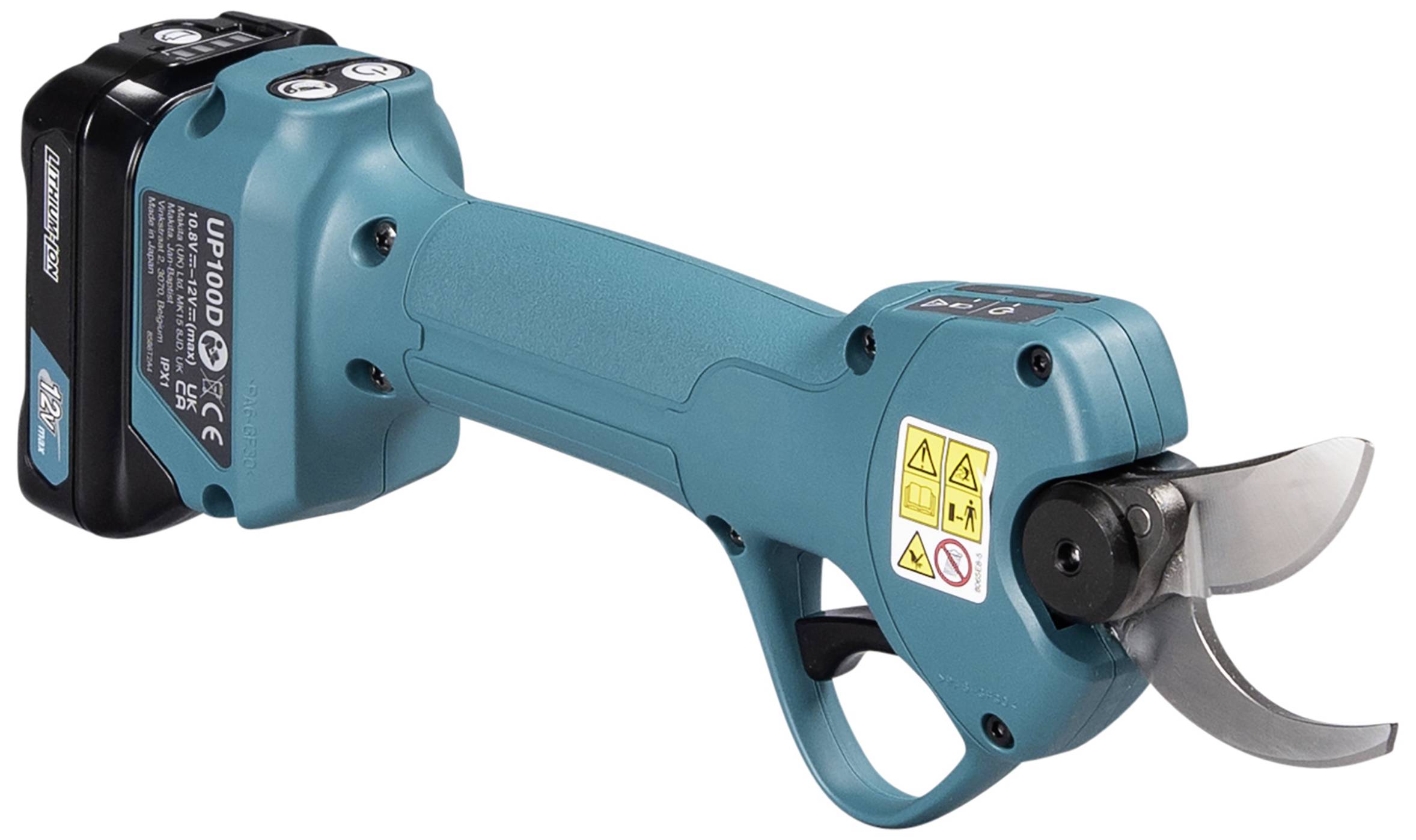 Electric garden shears in blue with a black battery; safety stickers are located on the left. Ideal for powerful cutting.