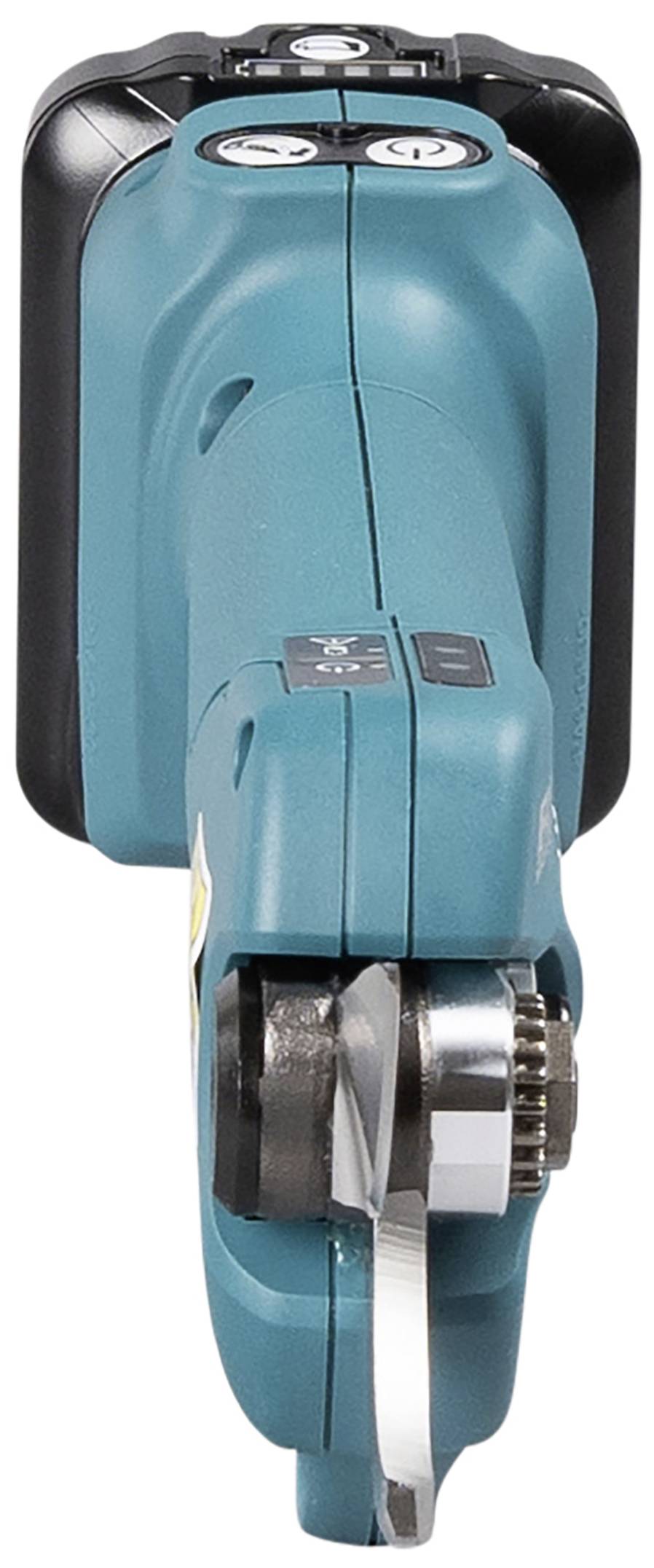 Electric, turquoise-coloured tool with quick-release system, typically used for grinding and cutting work. Top-down view.