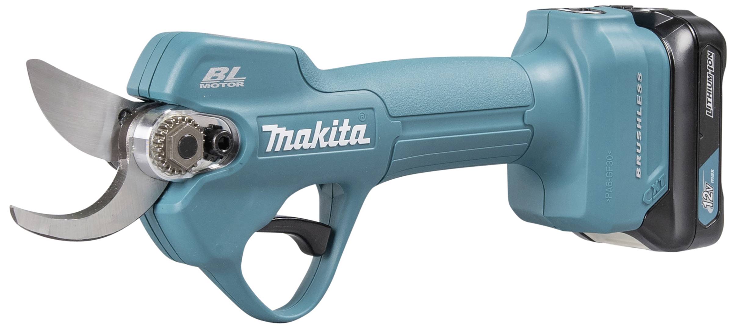 Battery-powered garden secateurs in blue with an ergonomic handle and brand name. They feature a sharp cutting blade and powerful motor.