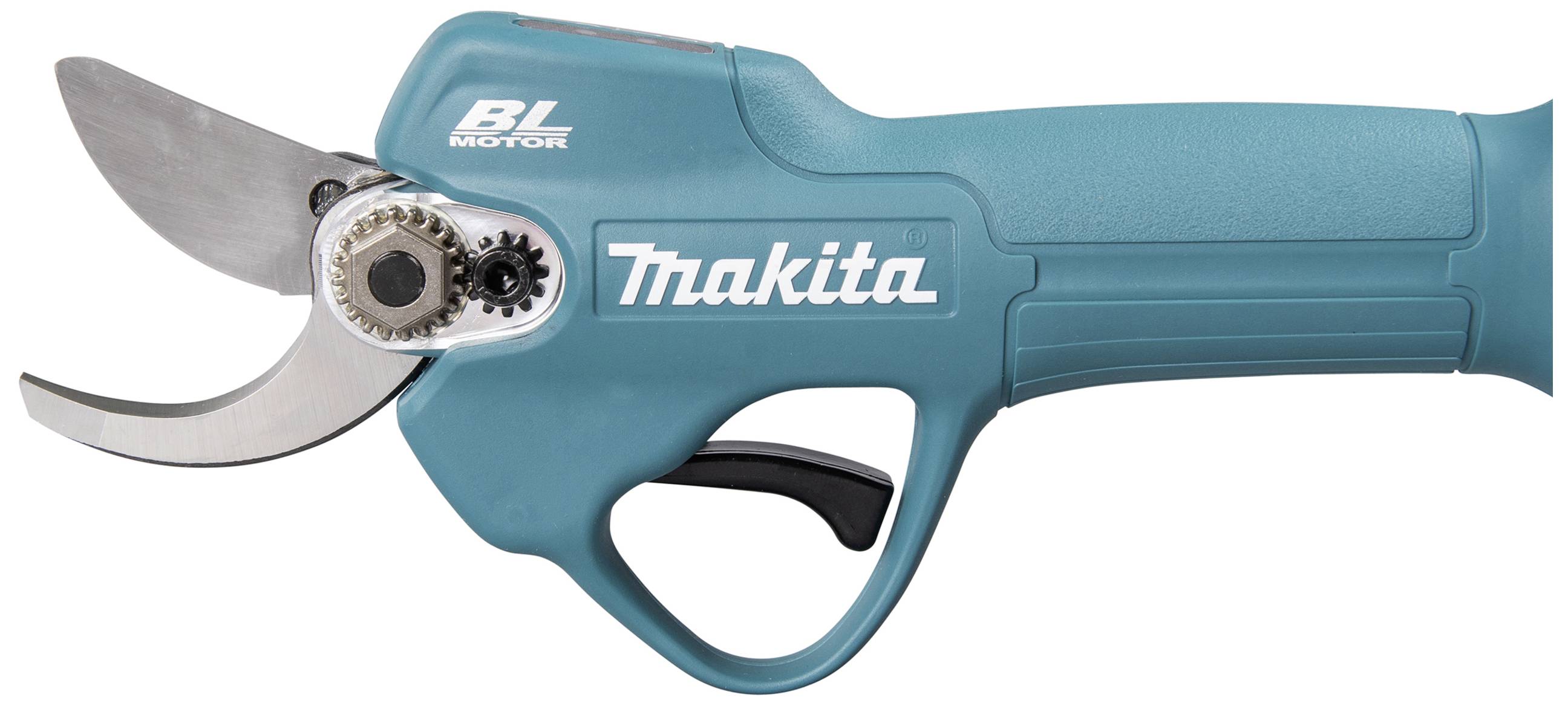 Electric pruning shears in turquoise design with 'Makita' branding. Suitable for garden work.