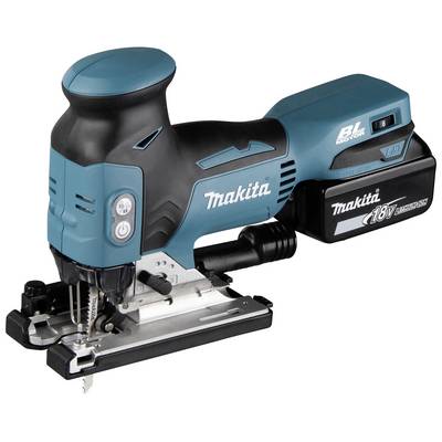 Battery-powered jigsaw by Makita in blue and black, model with ergonomic handle and interchangeable battery, suitable for precise cuts.