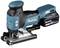 Battery-powered jigsaw by Makita in blue and black, model with ergonomic handle and interchangeable battery, suitable for precise cuts.