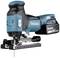 Cordless jigsaw, blue-black, with Makita logo. Displays a high-performance, portable electric power tool battery drill driver.