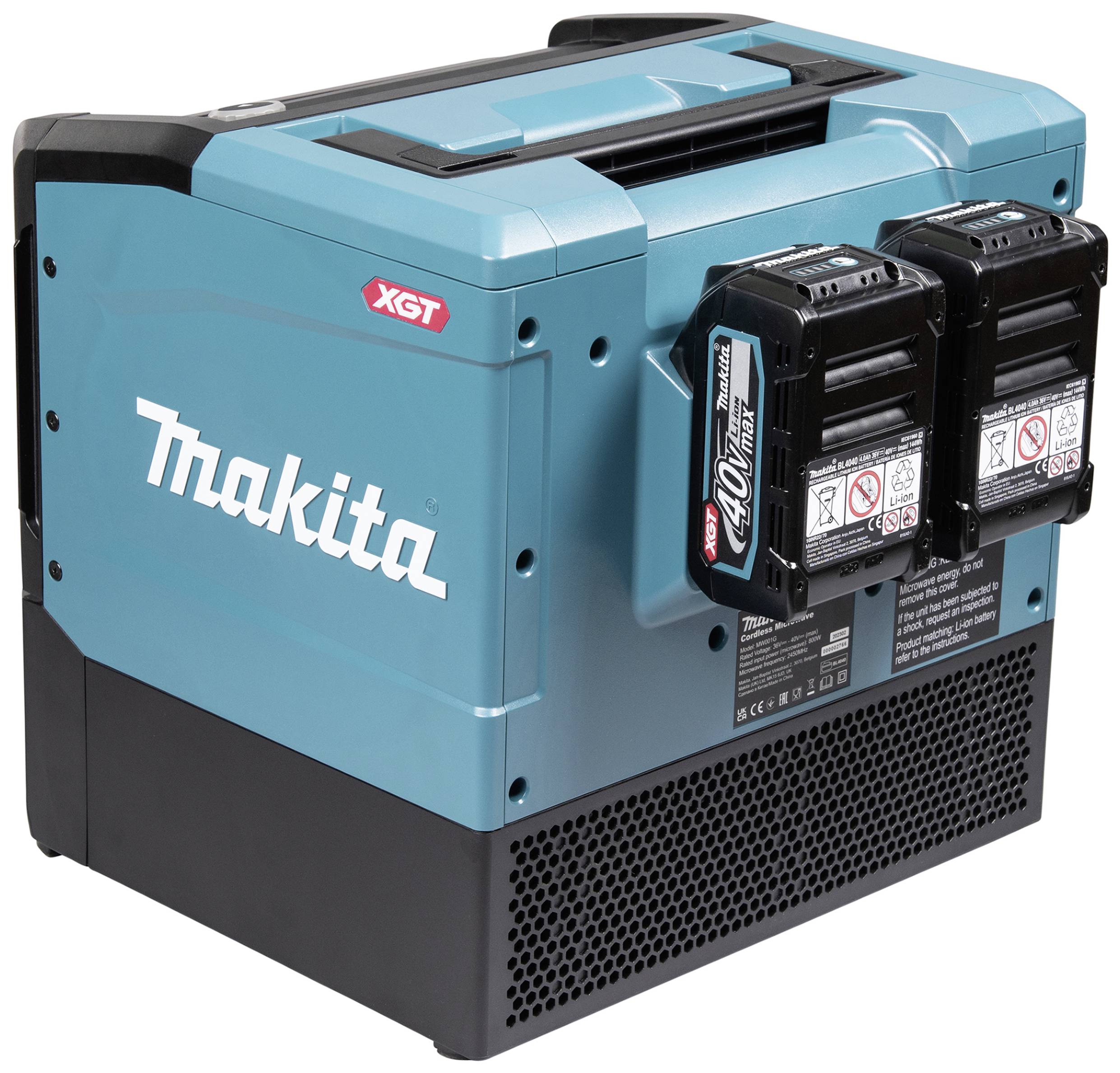 Portable blue cooling and heating box by Makita with two battery slots. Suitable for outdoor activities, camping, or construction projects.