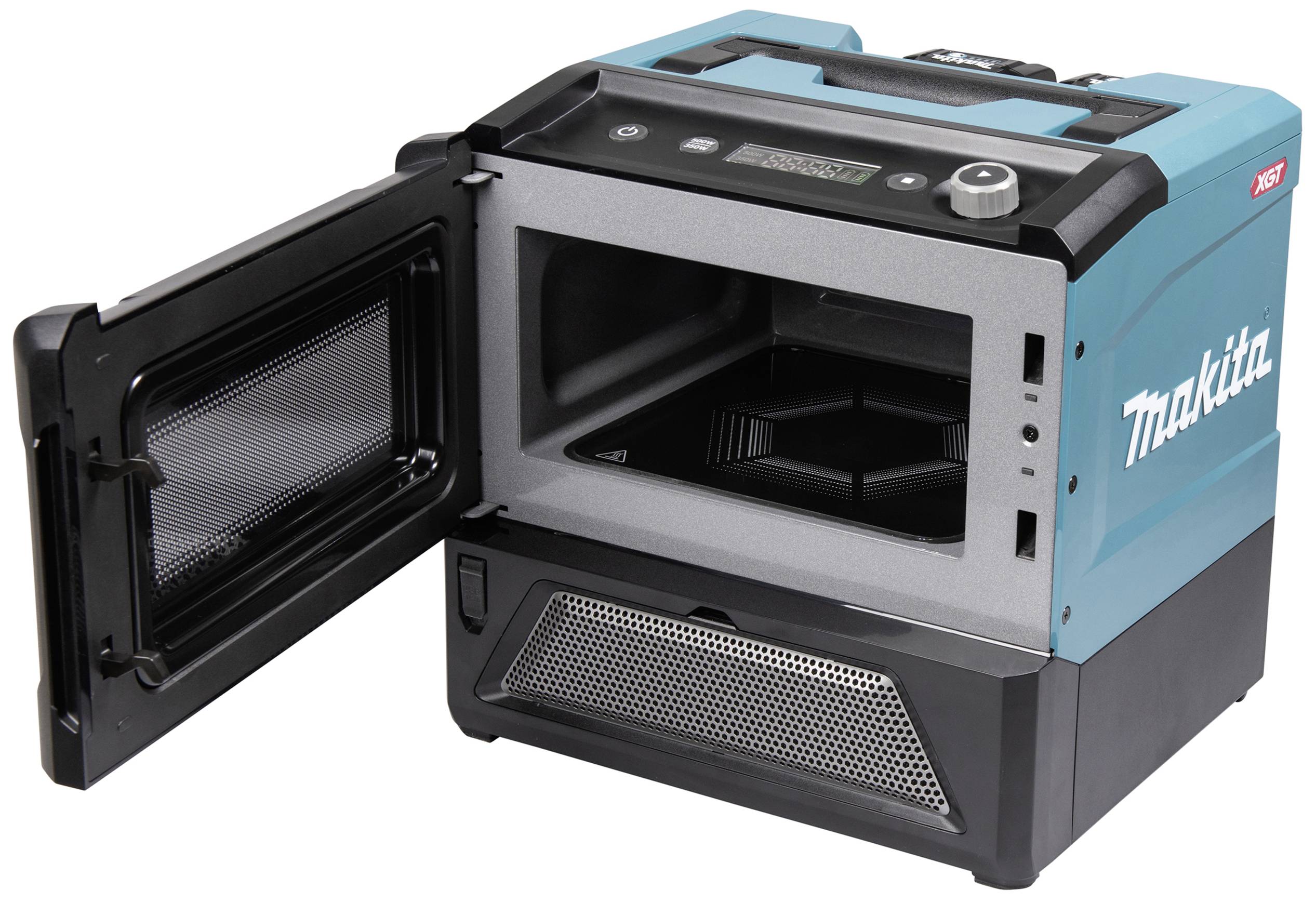 Battery-powered microwave in turquoise and black by Makita, with open door, showing interior and digital display on the top surface.