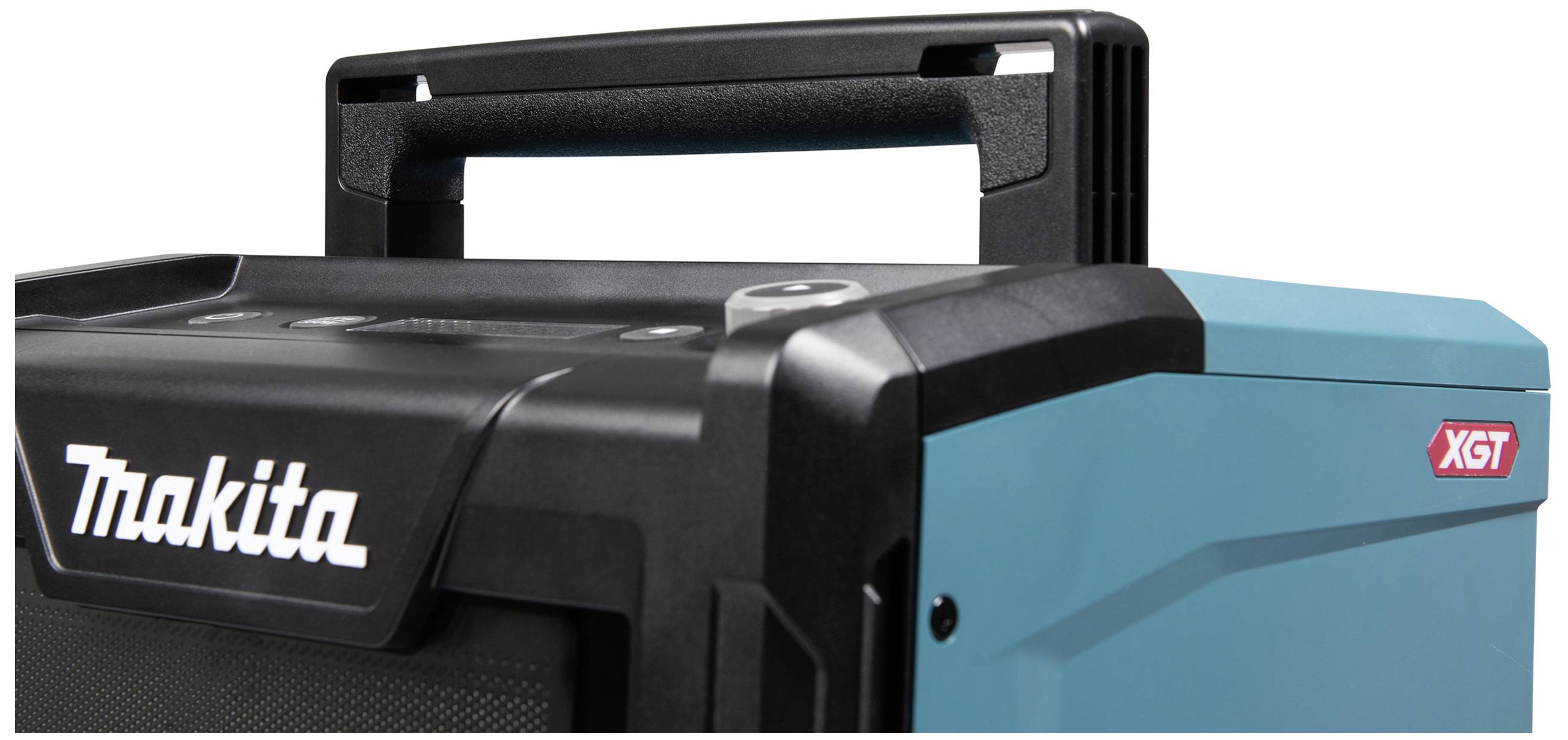 Portable, robust Makita XGT radio speaker with a blue housing and black handle, suitable for construction sites and outdoor use.