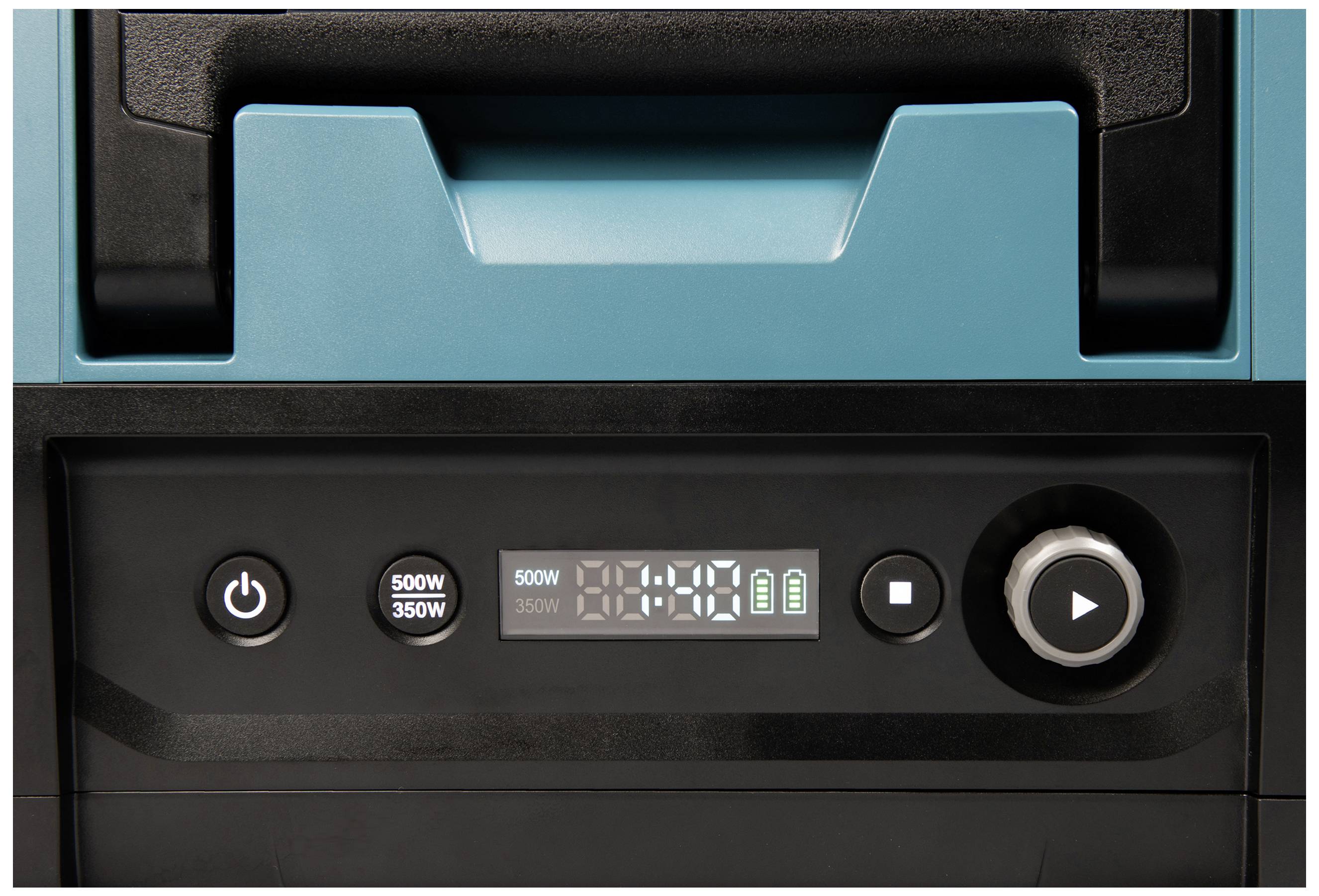 A control panel of a device with a display shows '00:39'. Buttons for power settings (350W, 500W) and an on/off switch are visible.