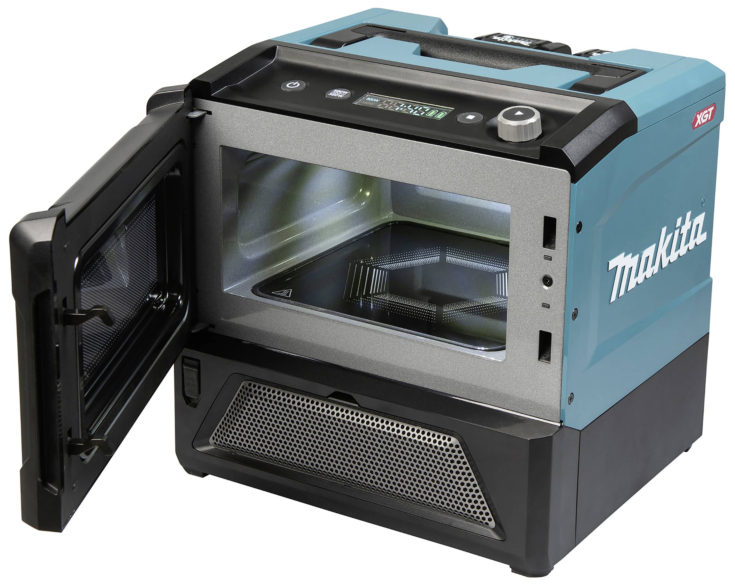 A portable blue oven with an open door and digital control panel. The 'Makita' logo is visible on the side.