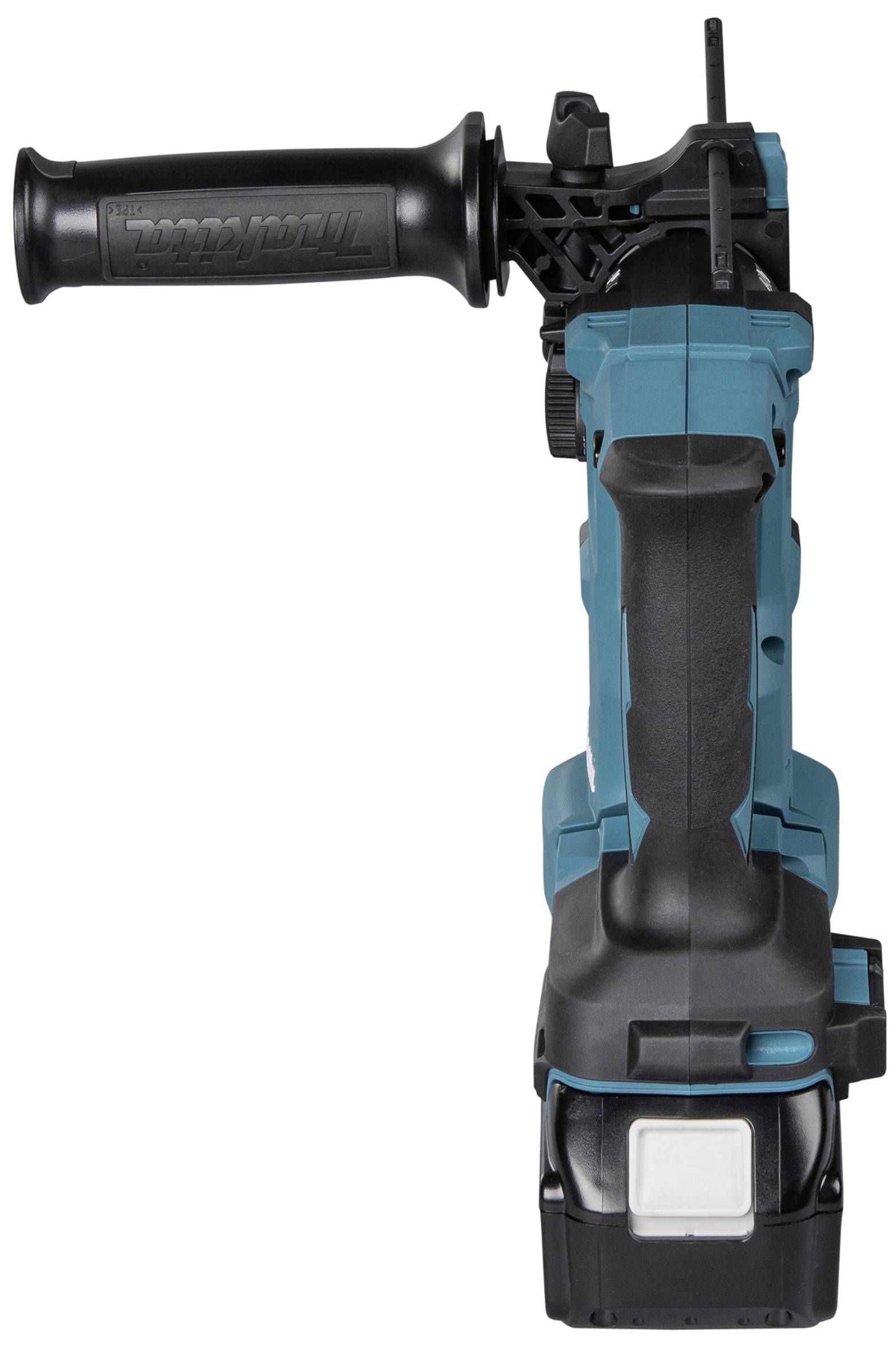 A blue, cordless hammer drill with a black handle and a removable side grip, photographed from the front.