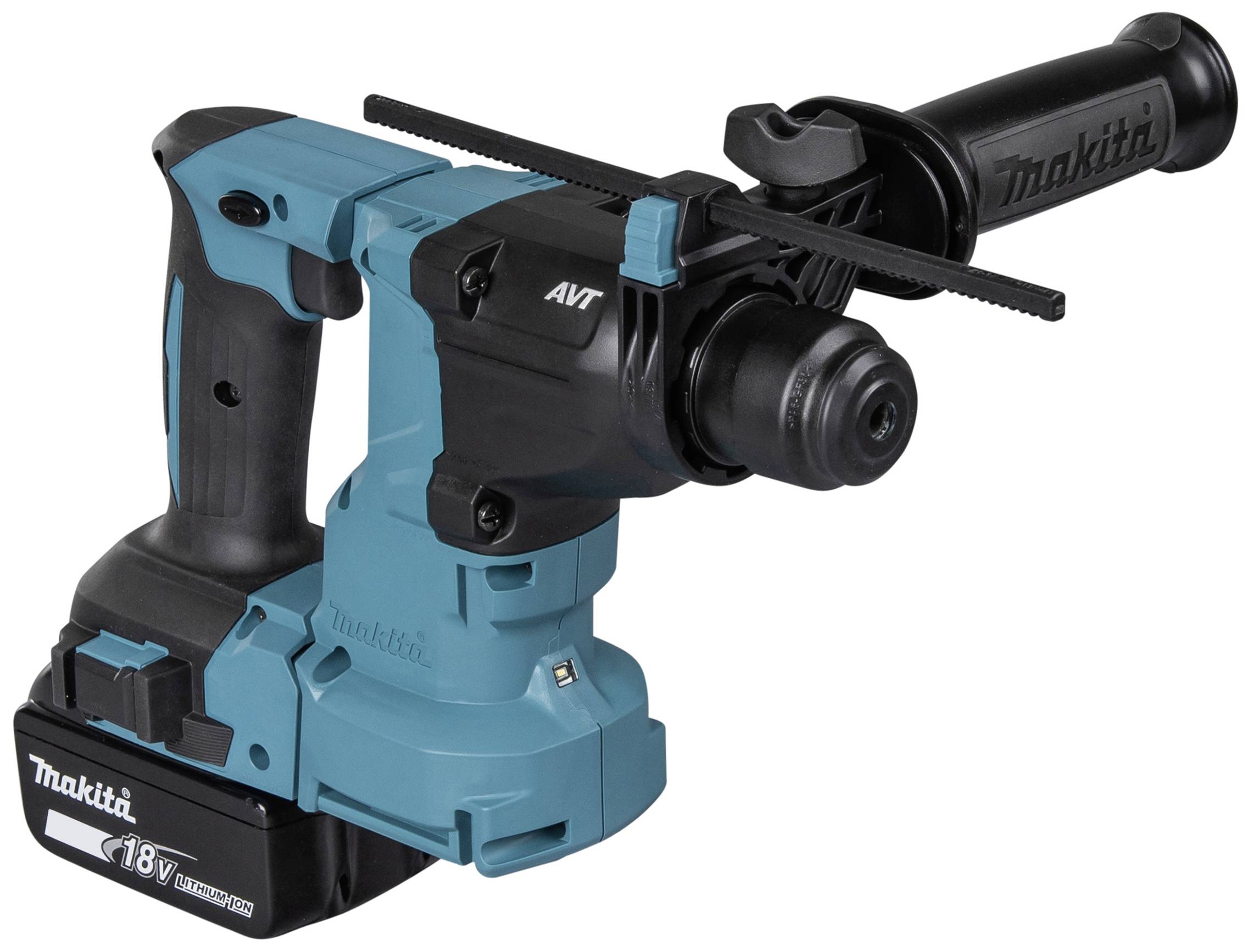 Cordless hammer drill in Turquoise and Black with 18V battery, ergonomic handle and integrated AVT system for reduced vibrations.