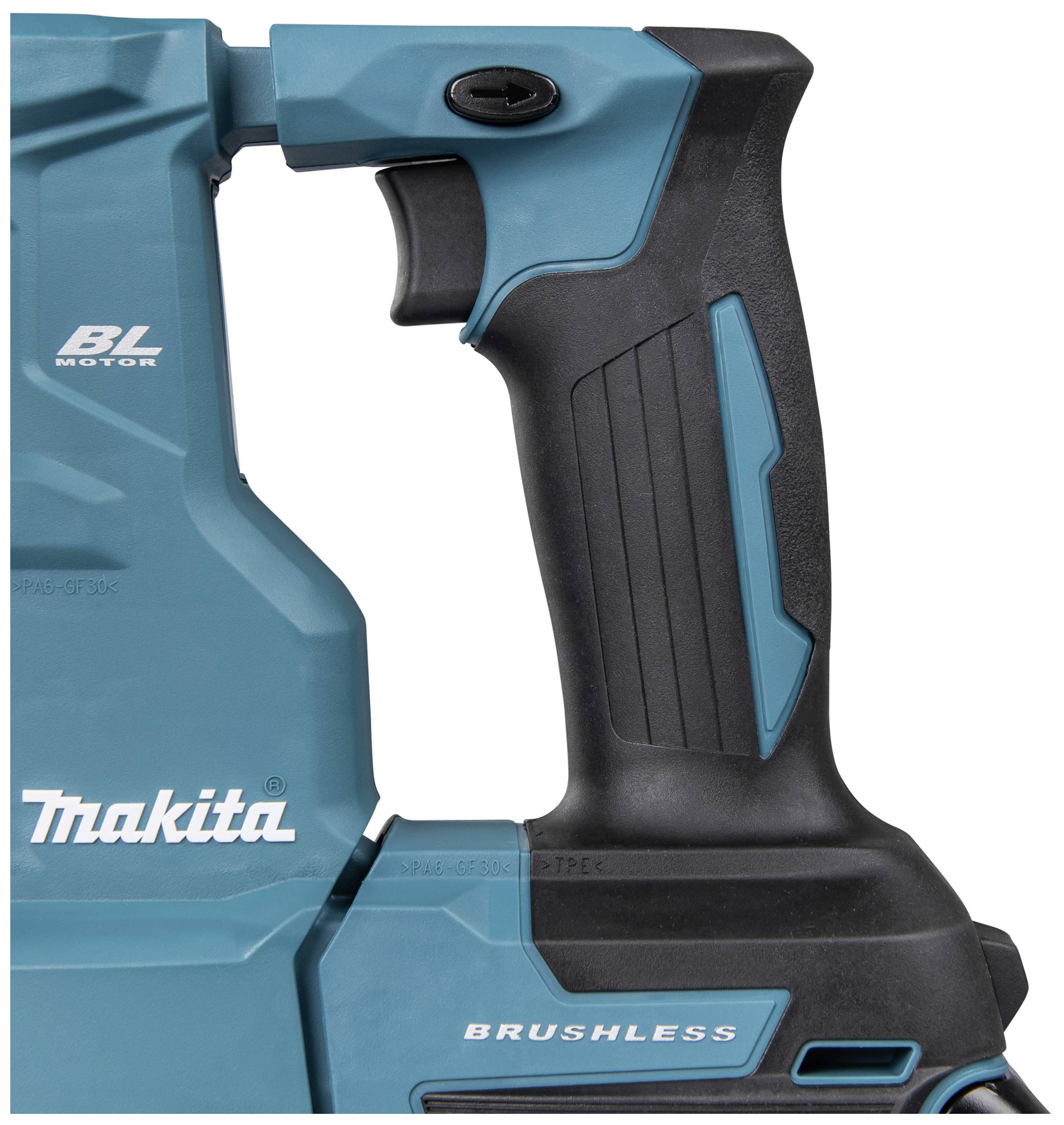 Handle of a blue electric tool with a black rubber insert. Shows the 'Makita' logo and the text 'Brushless'.