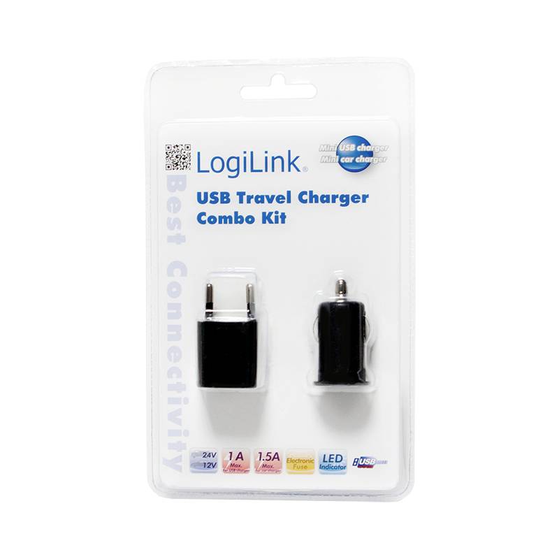 LogiLink USB Travel Charger Combo Kit in packaging. Includes a mains plug and a car charging adapter. Ideal for travelling.