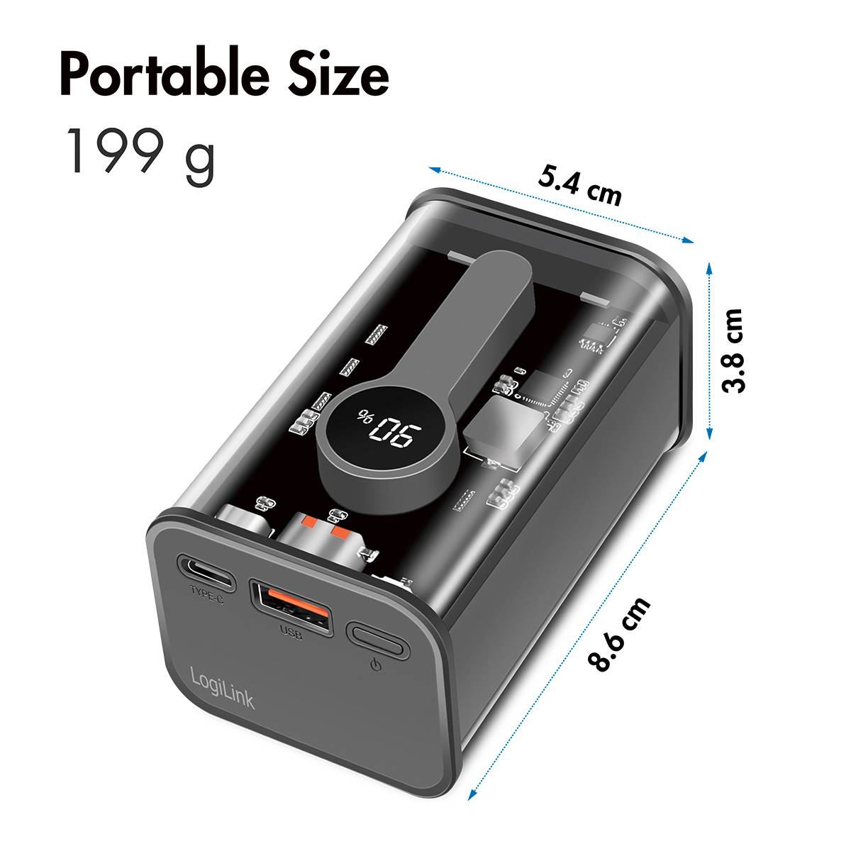 'Portable weight: 199 g', with a device showing USB and USB-C ports. Dimensions: 5.4 cm x 3.8 cm x 8.6 cm.