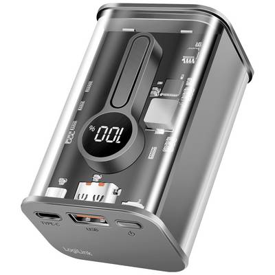 A translucent power bank with visible internal components and a digital display showing the charging status.