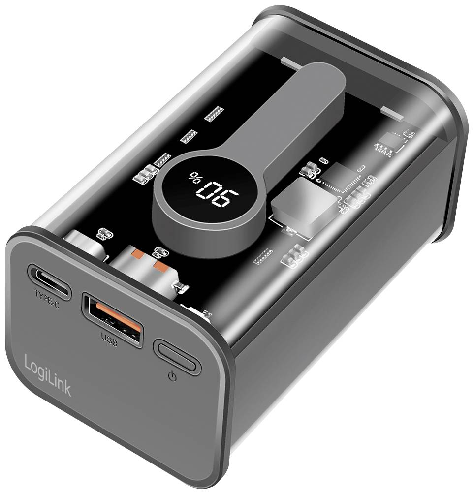 A compact, transparent adapter from LogiLink with USB and Type-C ports. A digital display shows the charging status.
