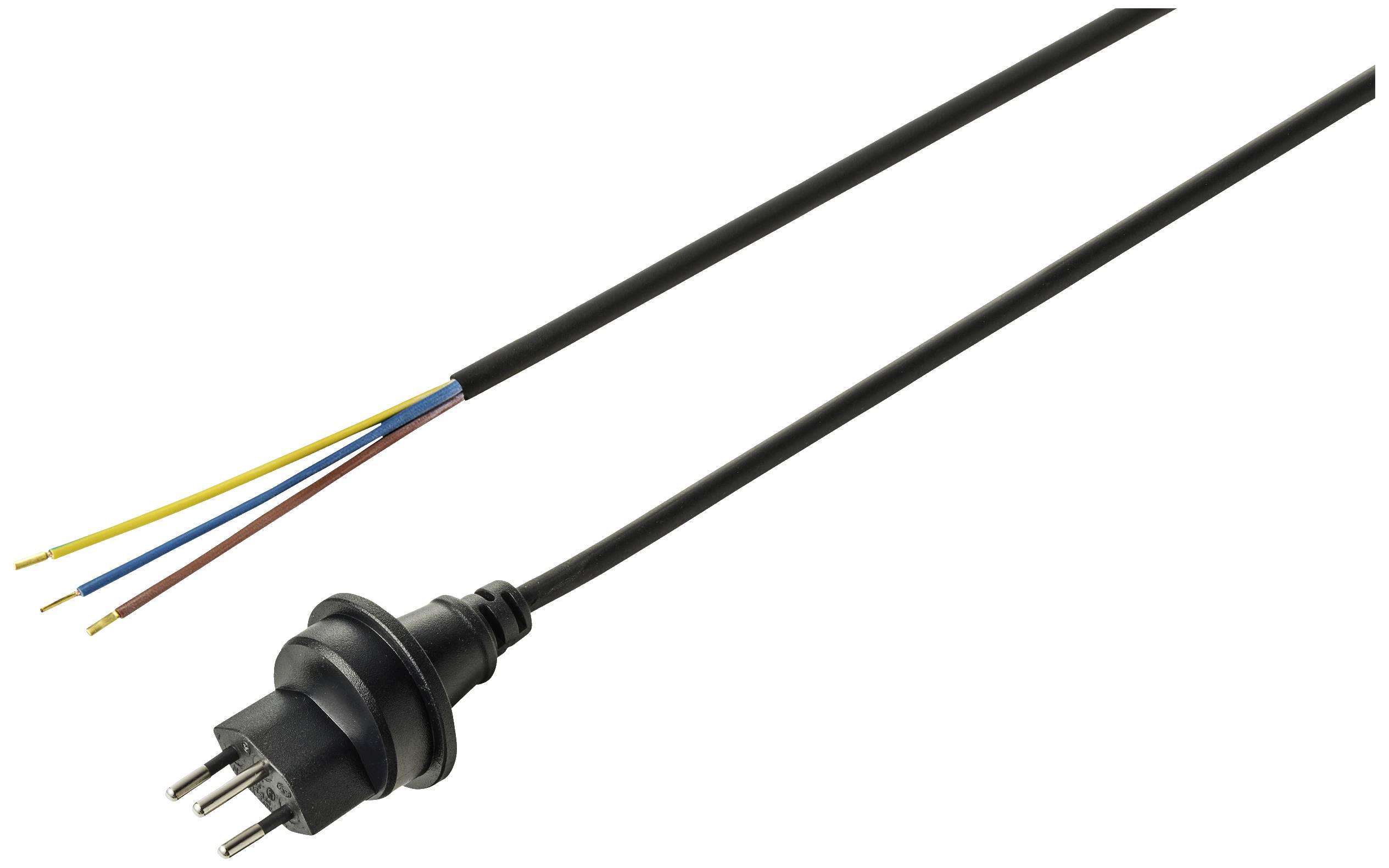 A black network cable with stripped blue, brown, and yellow wires, connected to a three-pin plug.