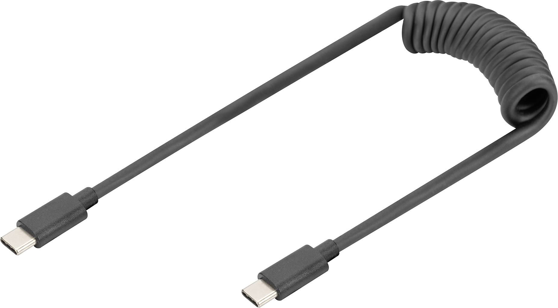 A black, spirally wound USB-C cable with two USB-C plugs at the ends.