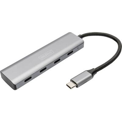Silver USB-C Hub with four ports and a short cable. Suitable for expanding the connections of a laptop or computer.