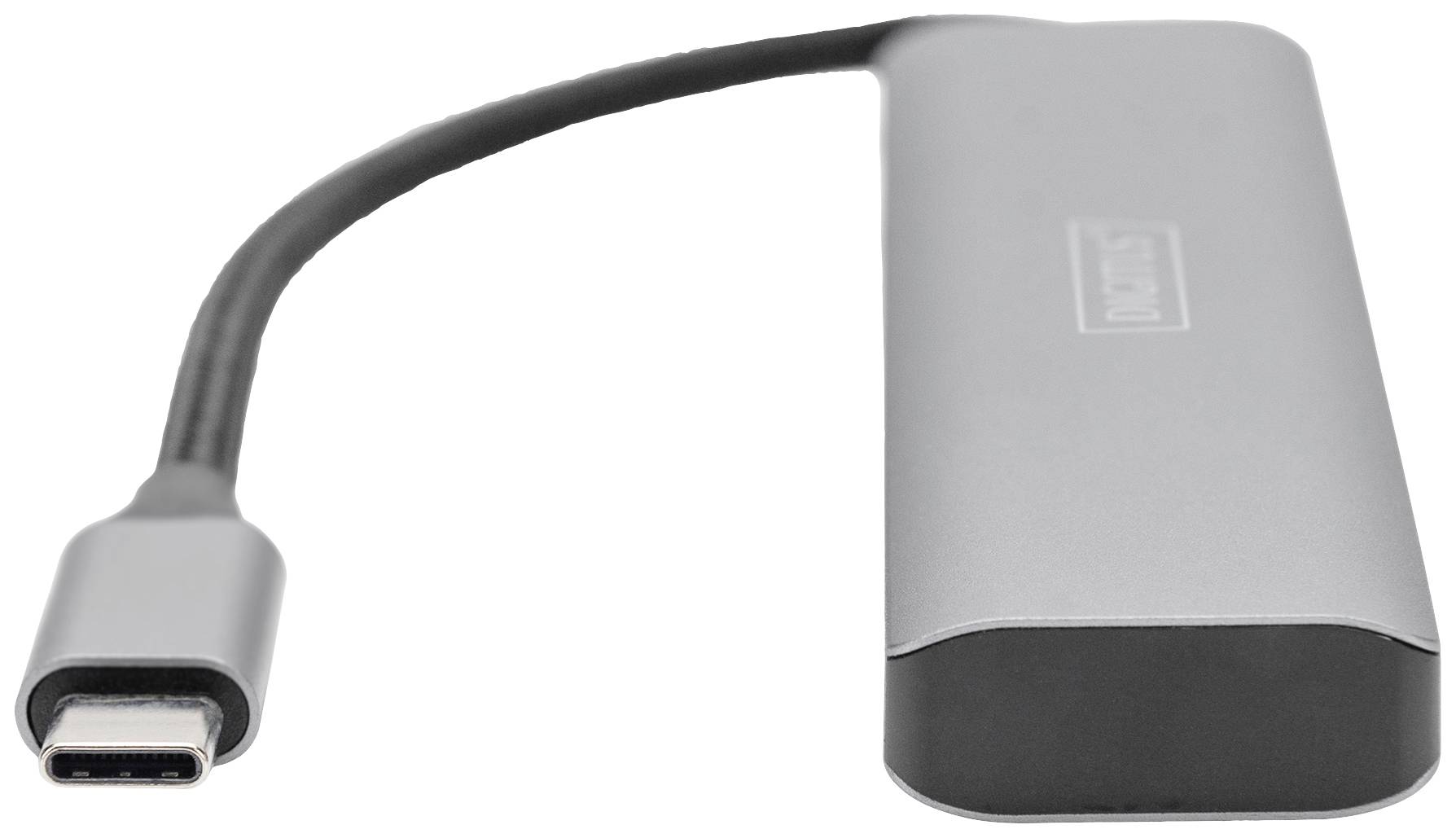 A grey external hard drive enclosure with a short USB-C connection cable, suitable for portable data storage.