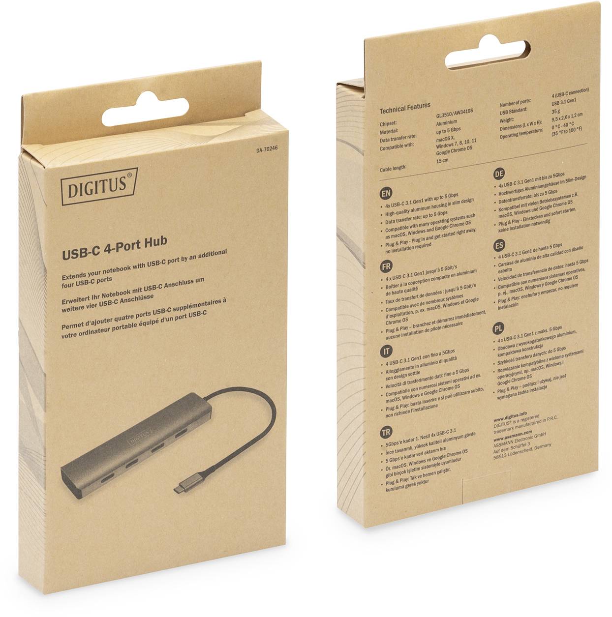 Cardboard packaging of a DIGITUS USB-C 4-Port Hub, front and back. Front shows product image. Back lists technical specifications.