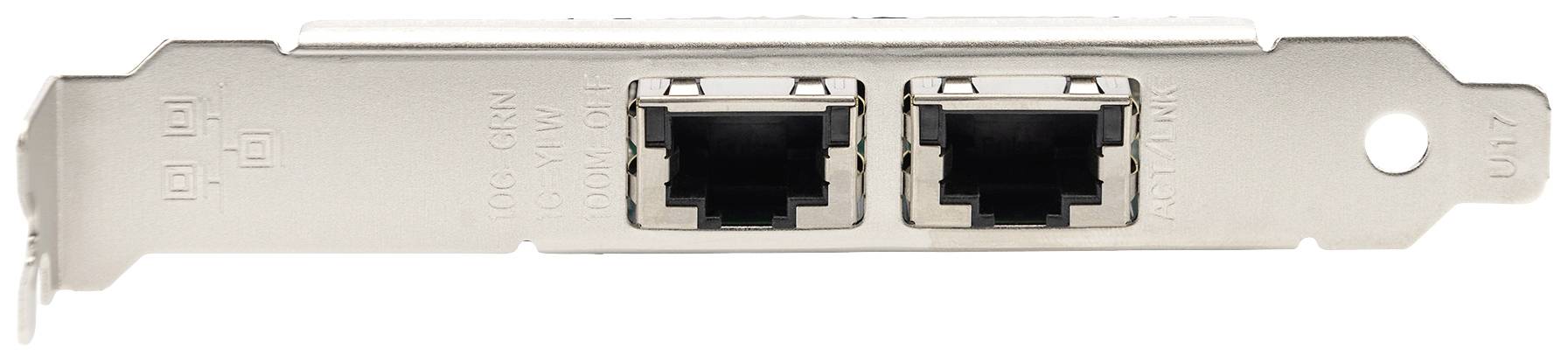 A silver network card with two Ethernet ports.<br><br>Note: The translation is already very close to British English, and no significant localisation changes were required.