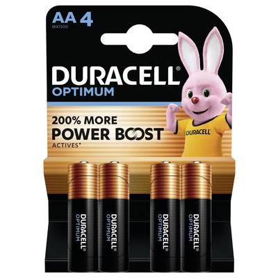 Package of Duracell Optimum AA batteries, featuring four batteries and a pink rabbit mascot. Text reads '200% More Power Boost Actives'.