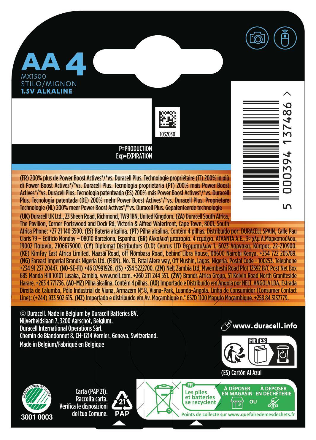 'Back of AA 4-pack battery packaging showing barcodes, battery details, manufacturing, and recycling information.'