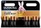 'Duracell Optimum' AA 8-pack with a pink bunny mascot. Promotes '200% more power boost actives'. Contains eight AA batteries.