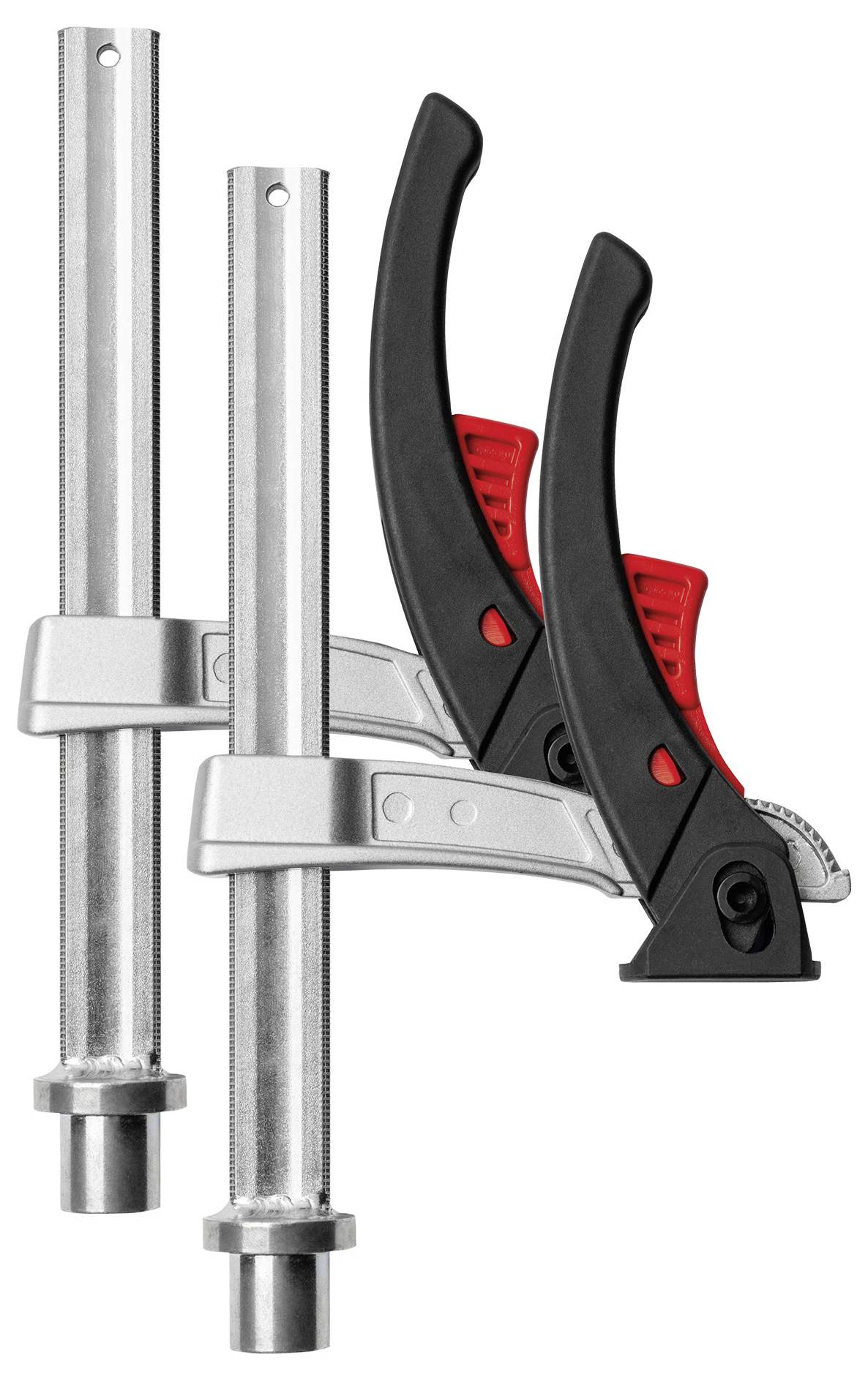 Two black and red metal G-clamps positioned parallel to each other, against a white background.