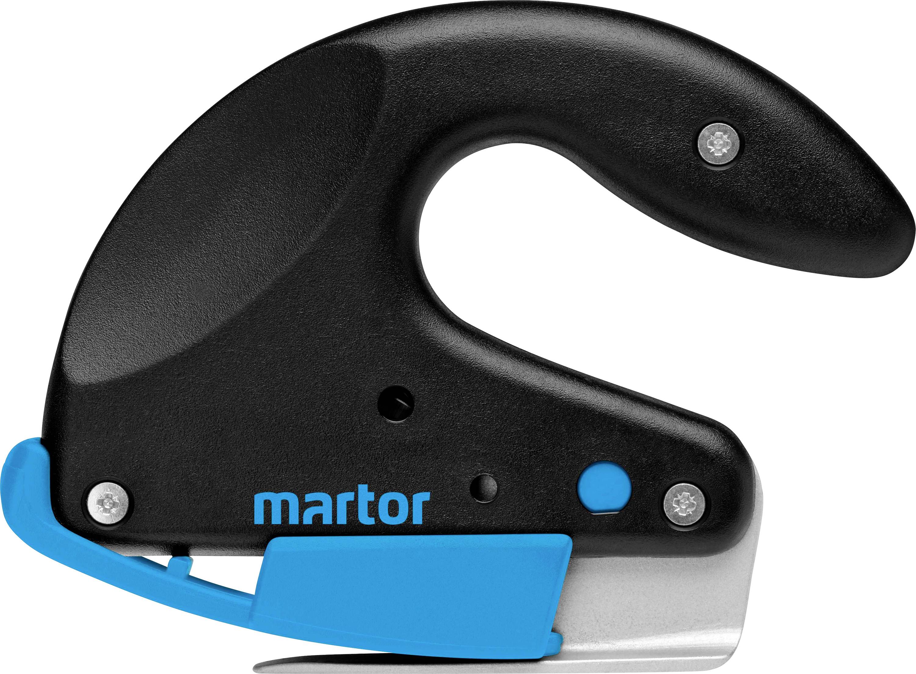 Small hand tool by Martor with an ergonomic handle and safety blade, predominantly in black and blue.