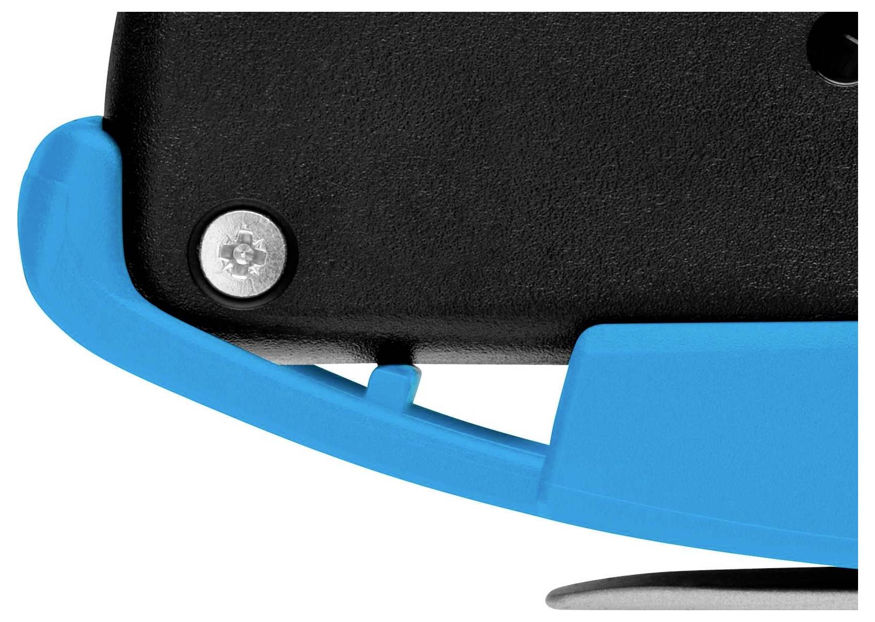 Partial view of a blue and black mechanical device with a screw at the connection point.