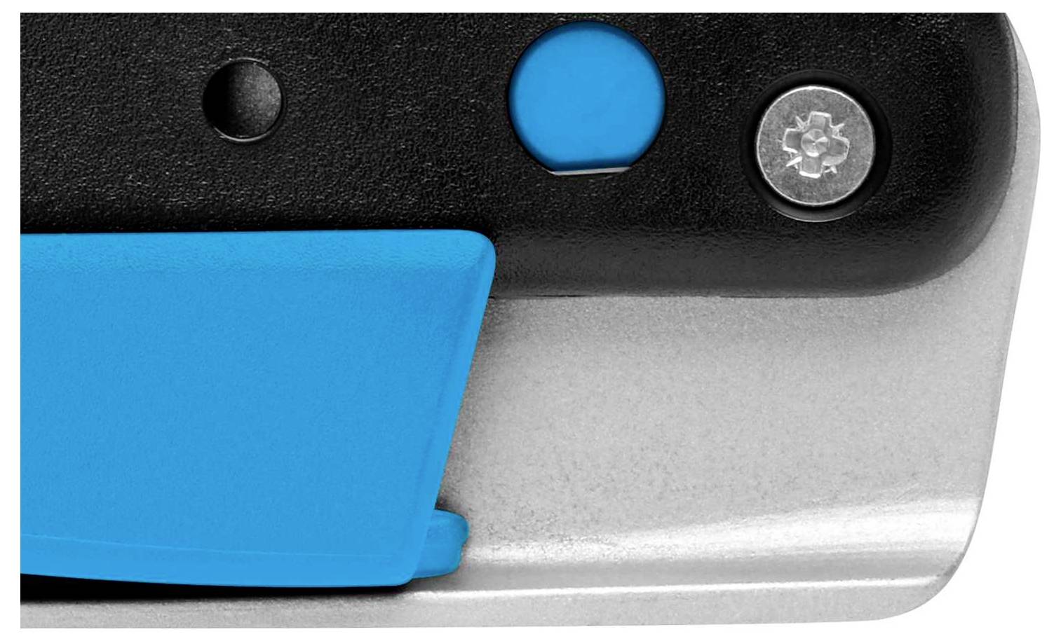 Close-up of a blue safety knife with a black handle and visible blade. There is a screw on the handle.