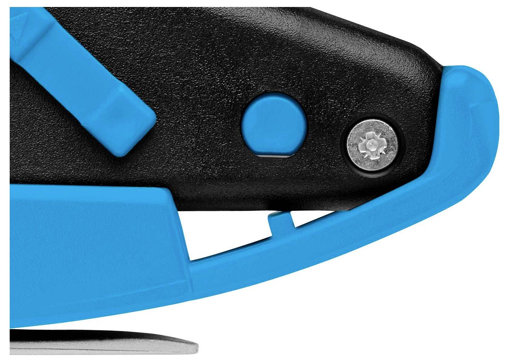 A black and blue handheld device, presumably a tool or machine, with a lever and a screw visible.