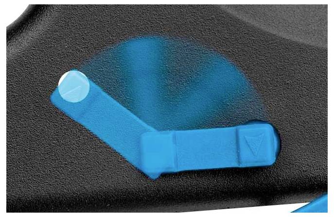 Lever on a black surface with a blue highlighted area. The lever has a triangular marking and is tilted to the right.